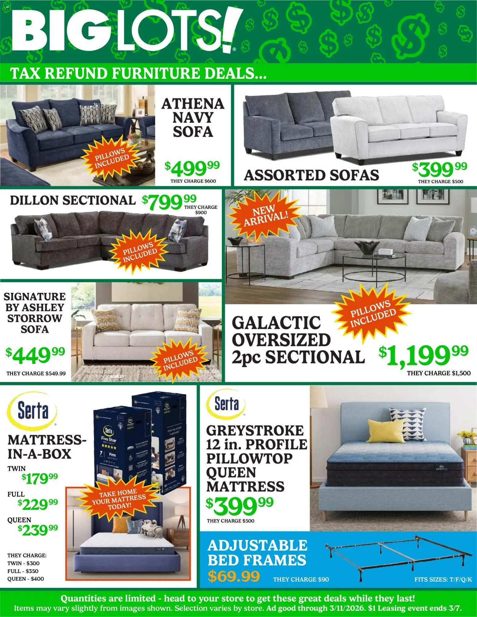 Big Lots Weekly Ad - valid from 07.03.2026 | Page: 1 | Products: Bed, Mattress, Sofa, Sectional