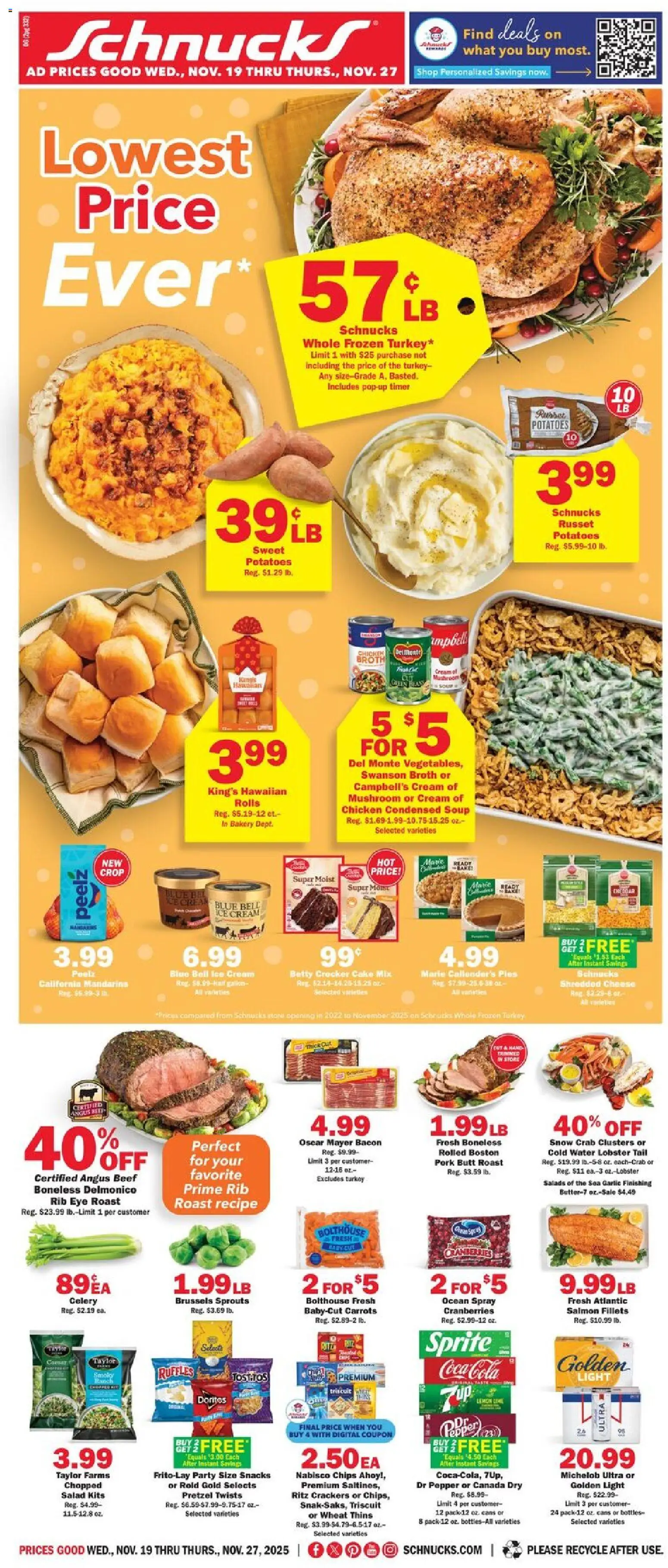 Schnucks Ad - valid from 19.11.2025 | Page: 1 | Products: Brussels Sprouts, Chips, Ice cream, Rod