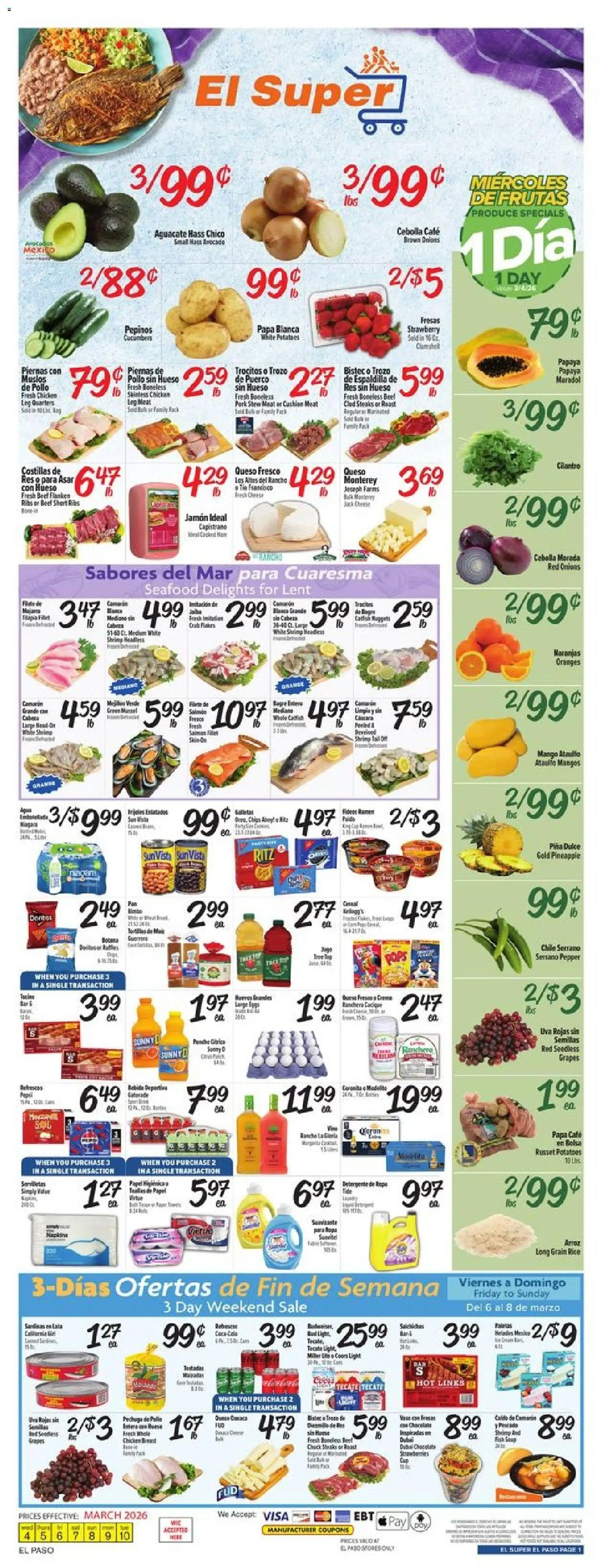 El Super Weekly Ad - TX - valid from 04.03.2026 | Page: 1 | Products: Pork, Cucumbers, Avocado, Cushion