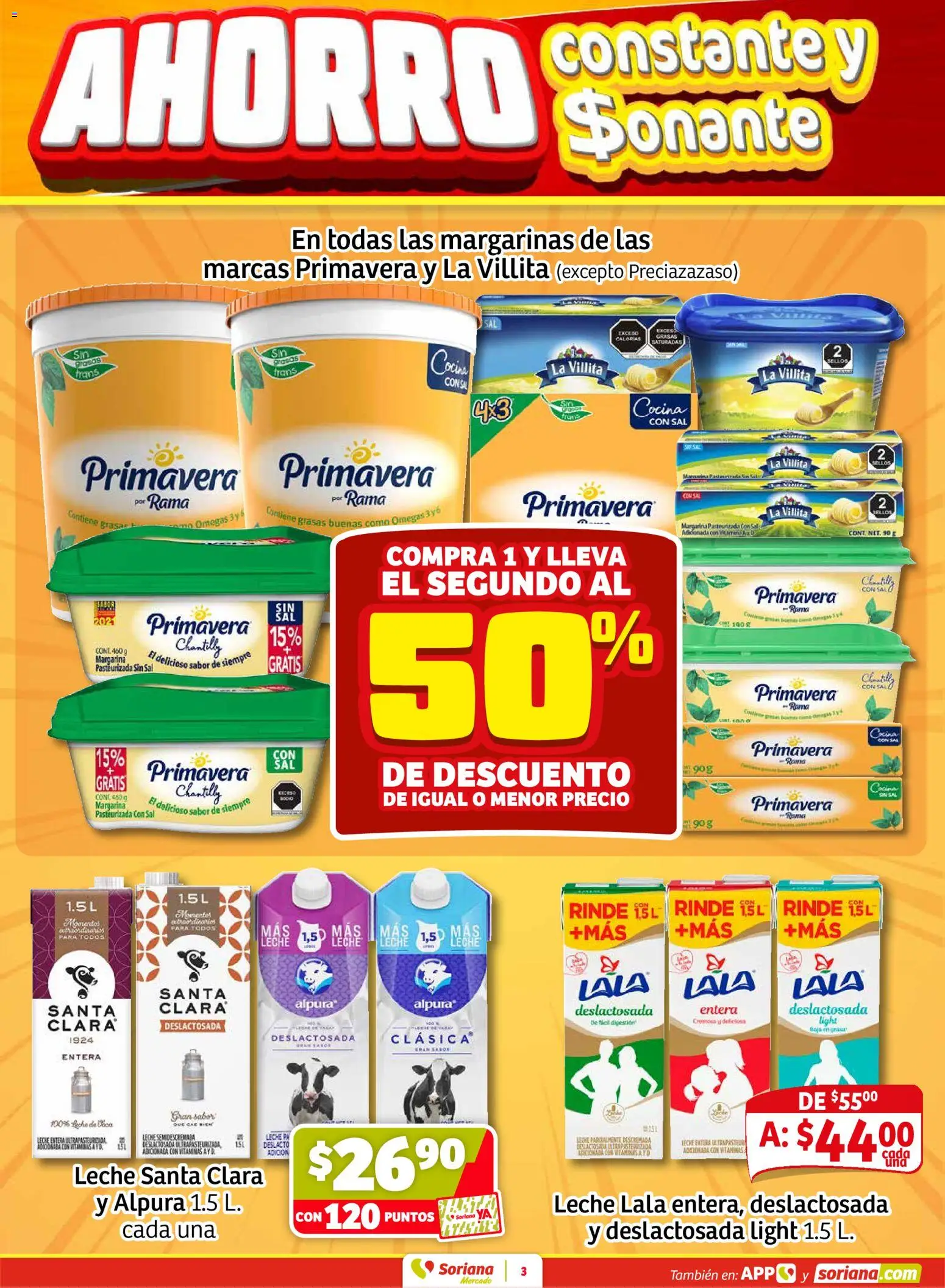 Nuevas ofertas de Soriana válidas en toda la República Mexicana desde el 05.03.2026. ¡Encuentra las mejores ofertas en Soriana Fin de Semana Mercado: Ags, Nay, Jal, Qro, Col, Mich, Gto, Hgo, Tlax, Mor, Pue, Gro, Oax, Edo. de Mex, CDMX, Zac y SLP! | Página: 3 | Productos: Leche, Margarina, Vitaminas, Cocina