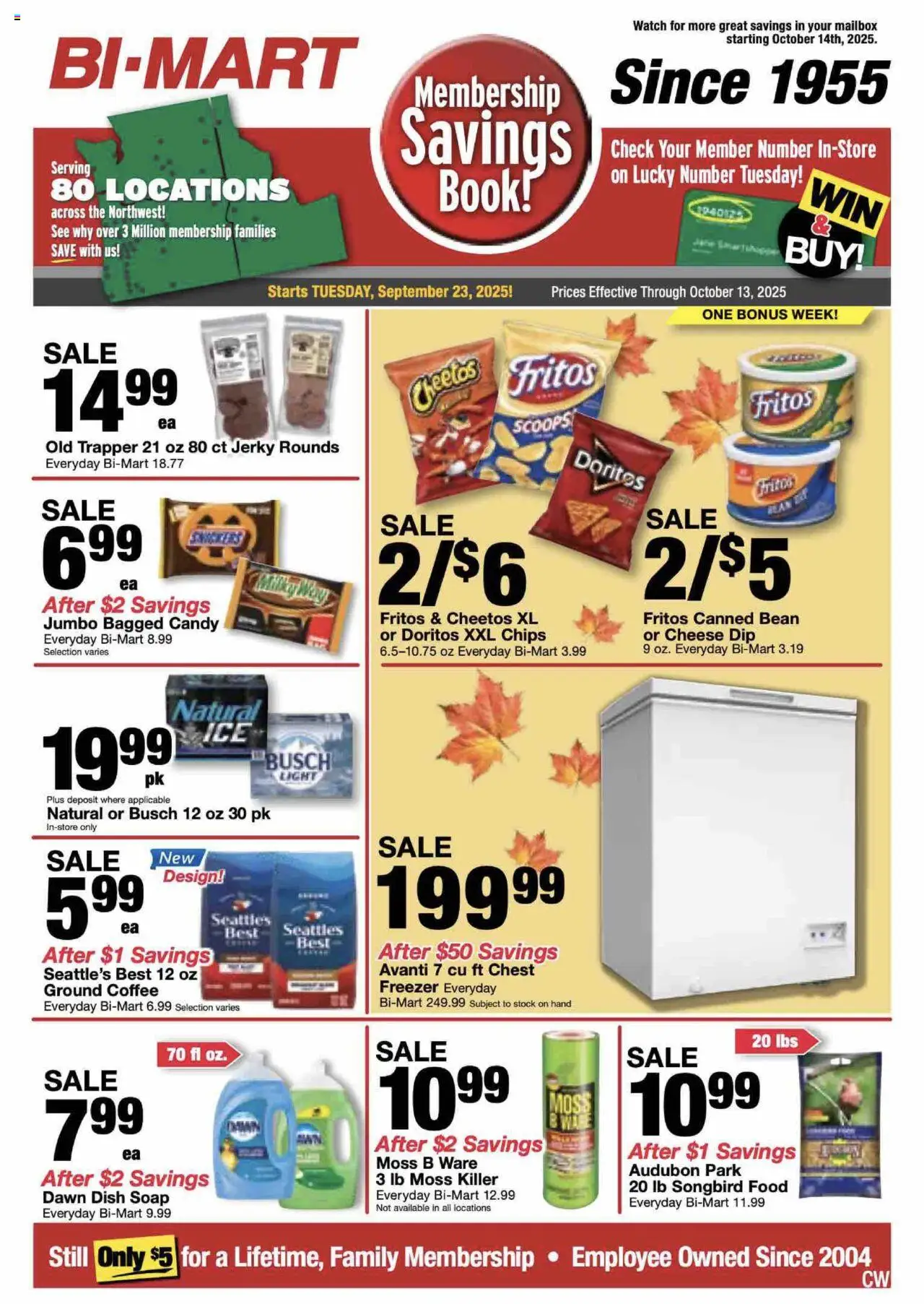 Bi-Mart Membership Savings Book - valid from 23.09.2025 | Page: 1 | Products: Cheese, Soap, Chips, Freezer