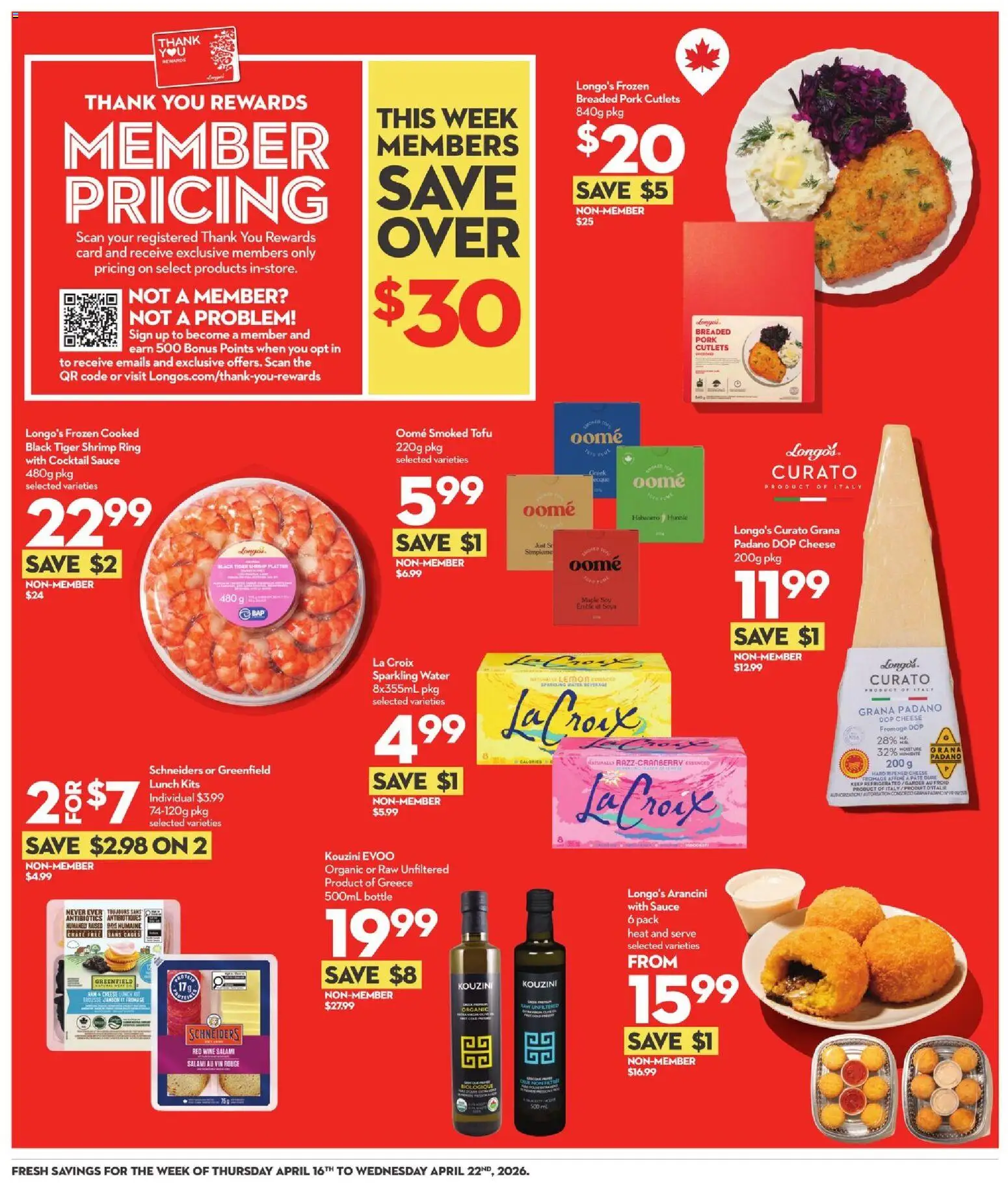 Longo's flyer valid from 16.04.2026 | Page: 3 | Products: Cheese, Salami, Wine, Pork