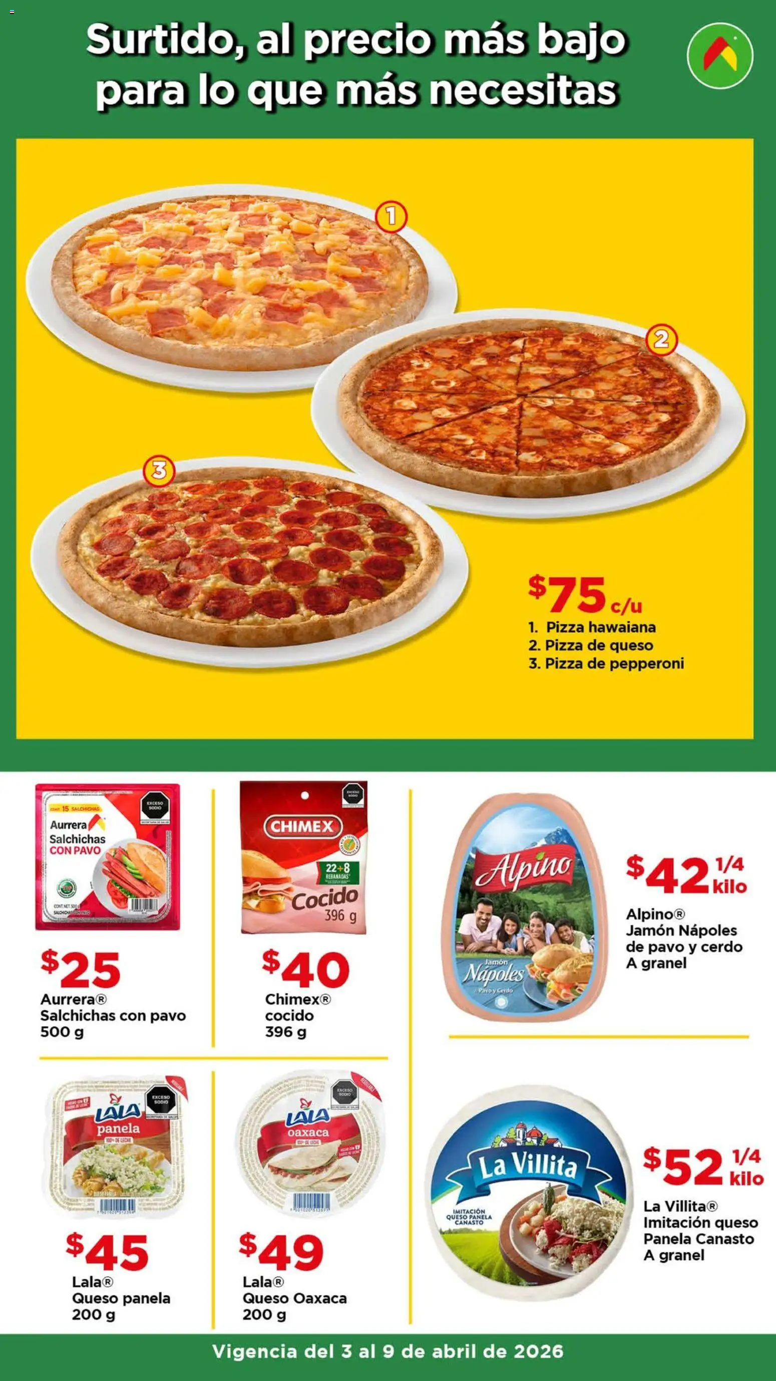 Nuevas ofertas de Bodega Aurrerá válidas en toda la República Mexicana desde el 03.04.2026. ¡Encuentra las mejores ofertas en Bodega Aurrerá folleto Ofertas! | Página: 4 | Productos: Queso, Jamón, Pizza, Cerdo