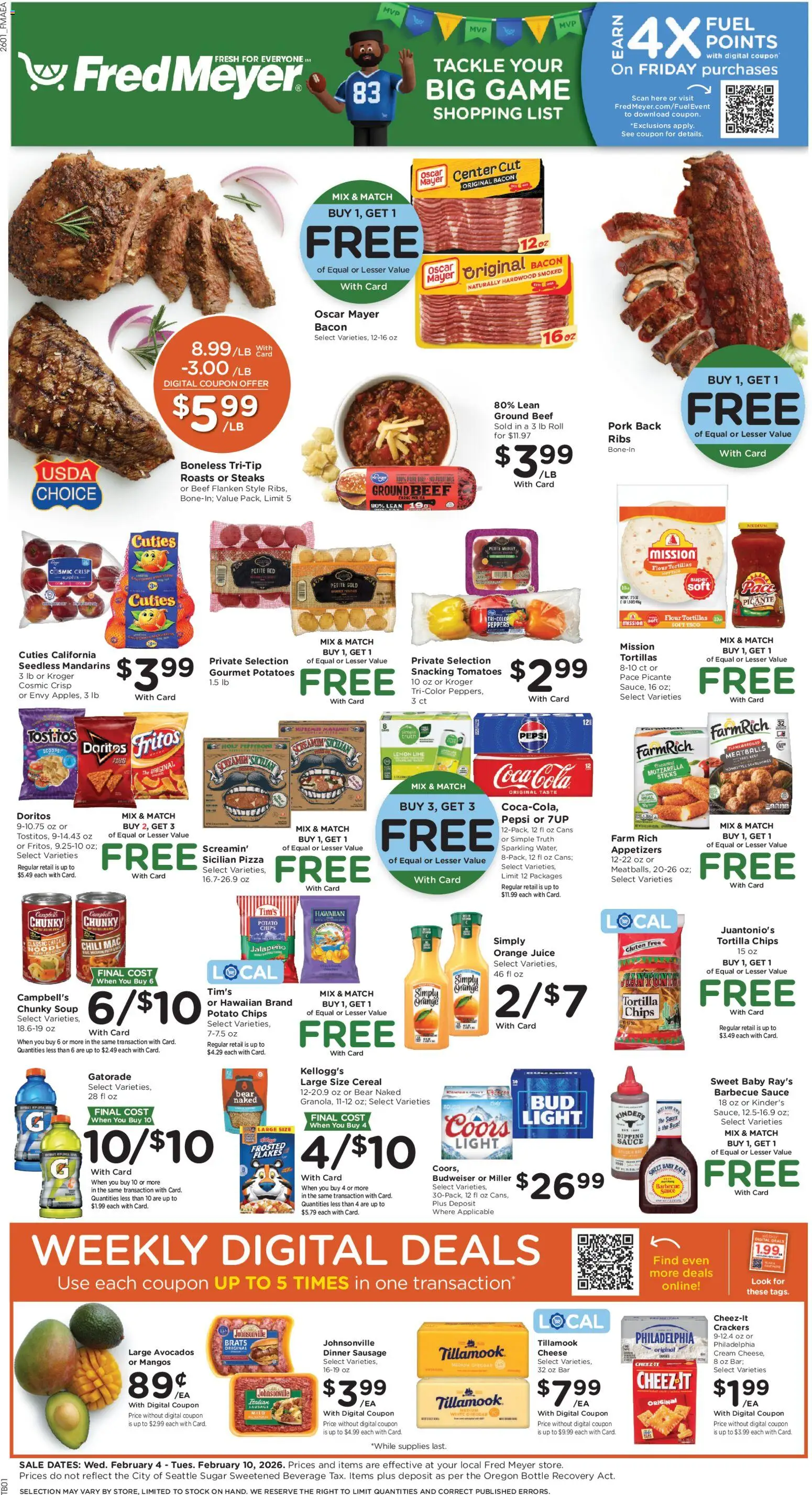 Fred Meyer Weekly Ad - valid from 04.02.2026 | Page: 1 | Products: Mandarins, Cheese, Pork, Sauce
