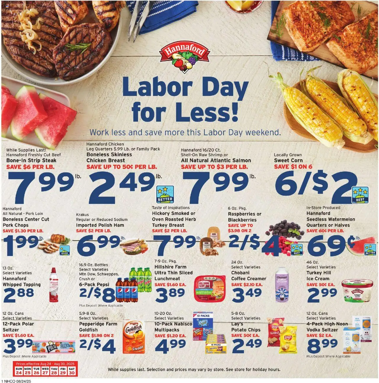 Hannaford Weekly Ad - valid from 24.08.2025 | Page: 1 | Products: Corn, Pork, Cream, Oven