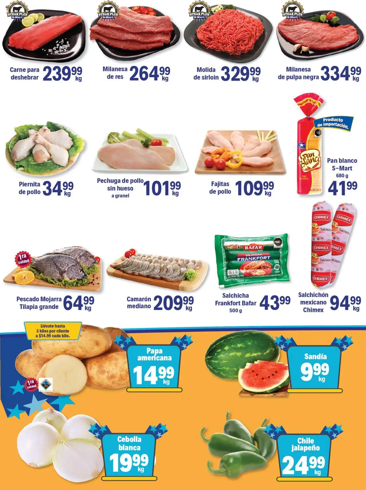 Nuevas ofertas de S-Mart válidas en toda la República Mexicana desde el 10.10.2025. ¡Encuentra las mejores ofertas en S-Mart - Folleto - Juarez! | Página: 4 | Productos: Cebolla, Papa, Salchicha, Res