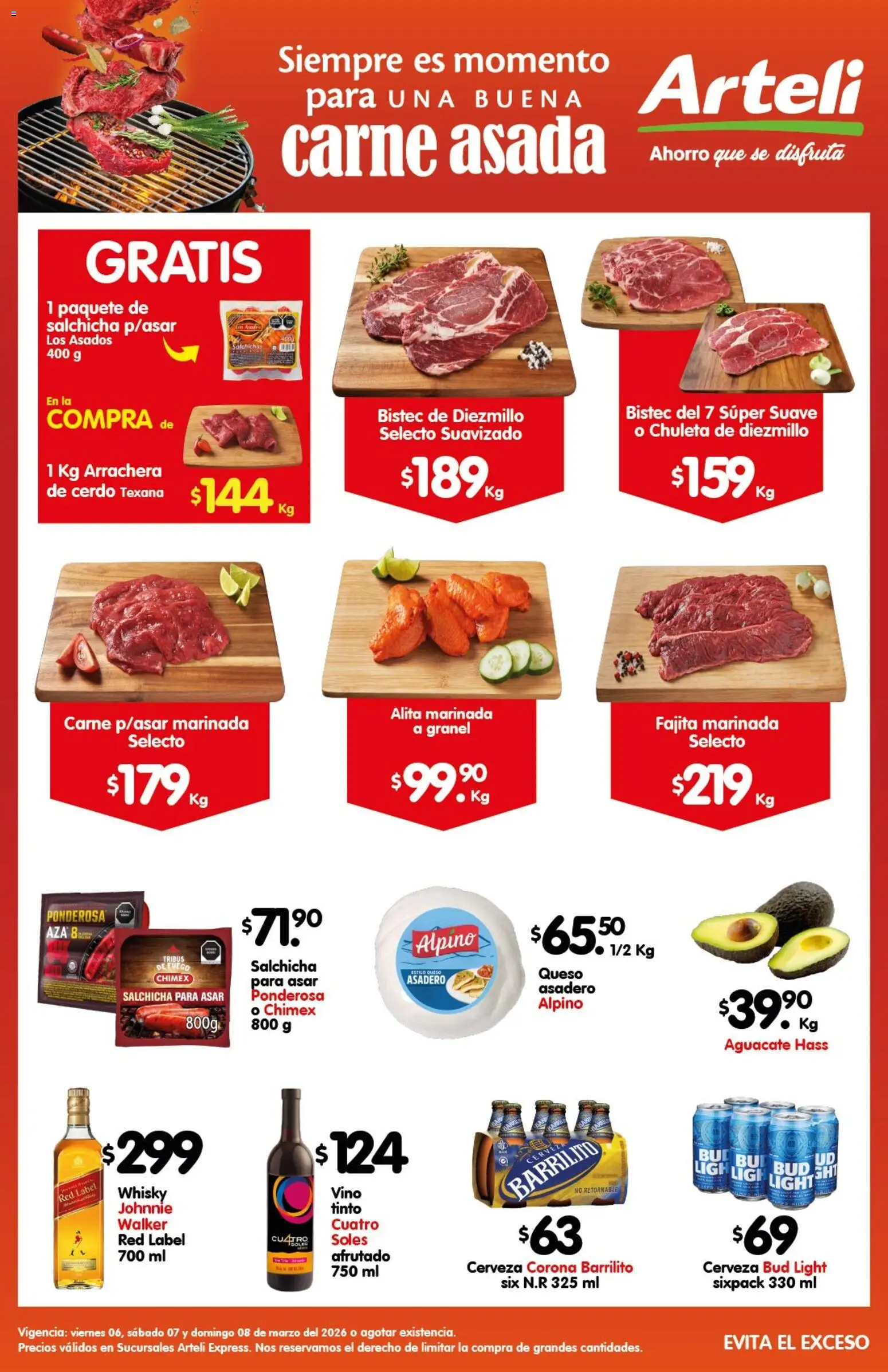 Nuevas ofertas de Arteli válidas en toda la República Mexicana desde el 06.03.2026. ¡Encuentra las mejores ofertas en Arteli folleto Carne Express! | Página: 1 | Productos: Queso, Cerdo, Vino, Whisky