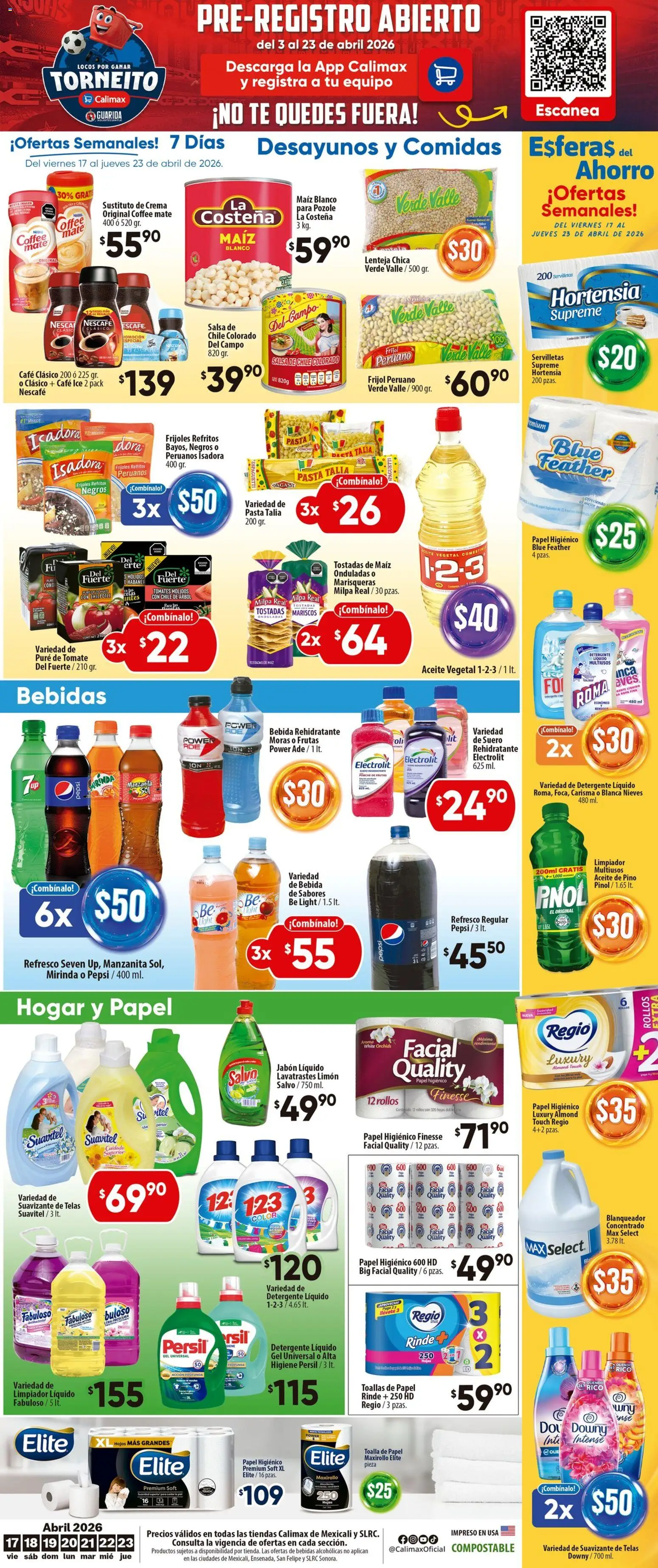 Nuevas ofertas de Calimax válidas en toda la República Mexicana desde el 17.04.2026. ¡Encuentra las mejores ofertas en Calimax folleto Mexicali y SLRC! | Página: 6 | Productos: Refresco, Jabón líquido, Papel higiénico, Ropa
