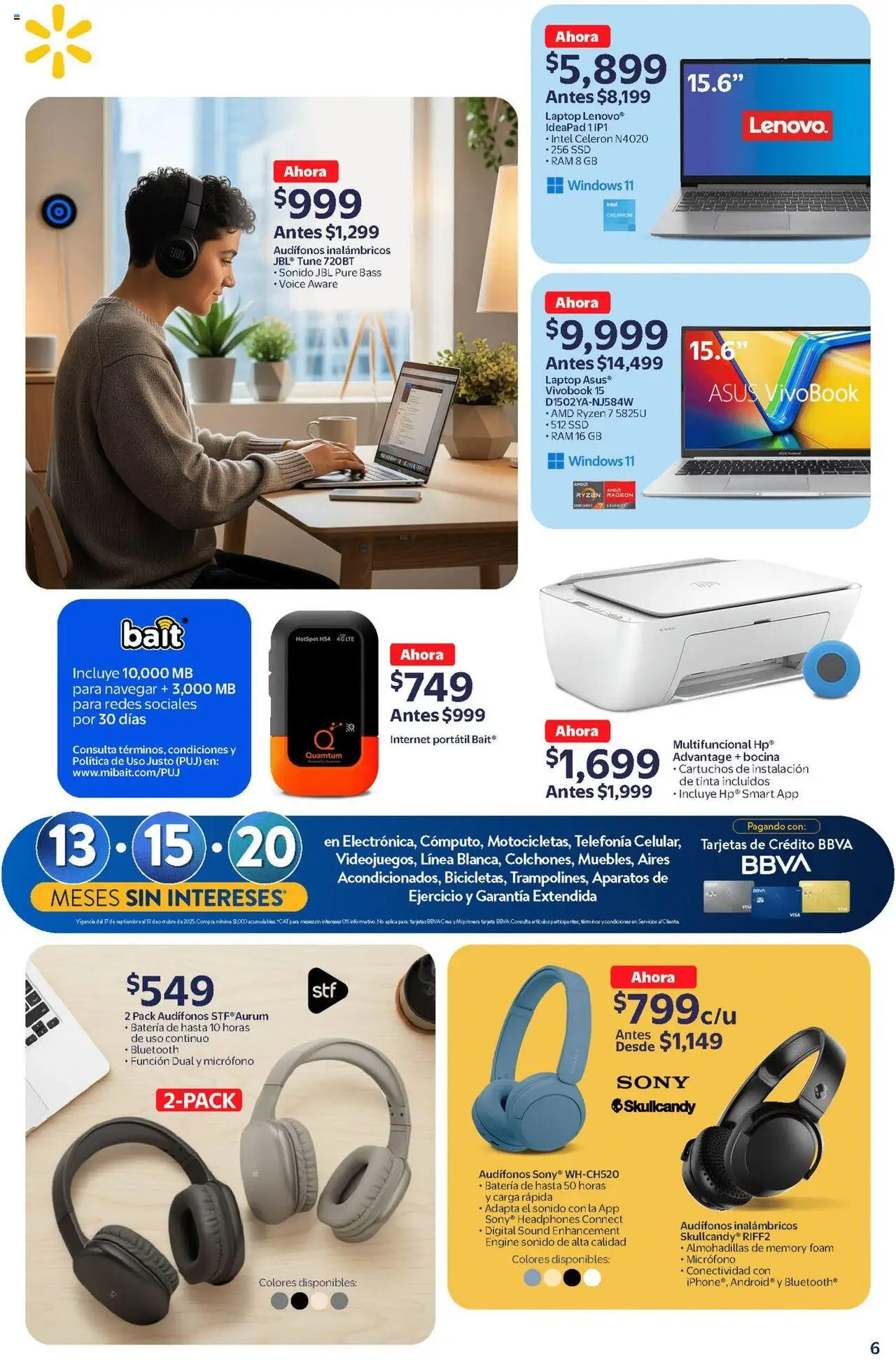Nuevas ofertas de Walmart válidas en toda la República Mexicana desde el 17.09.2025. ¡Encuentra las mejores ofertas en Walmart - Folleto Hogar ! | Página: 6 | Productos: Pan, Audífonos, Bocina, Batería