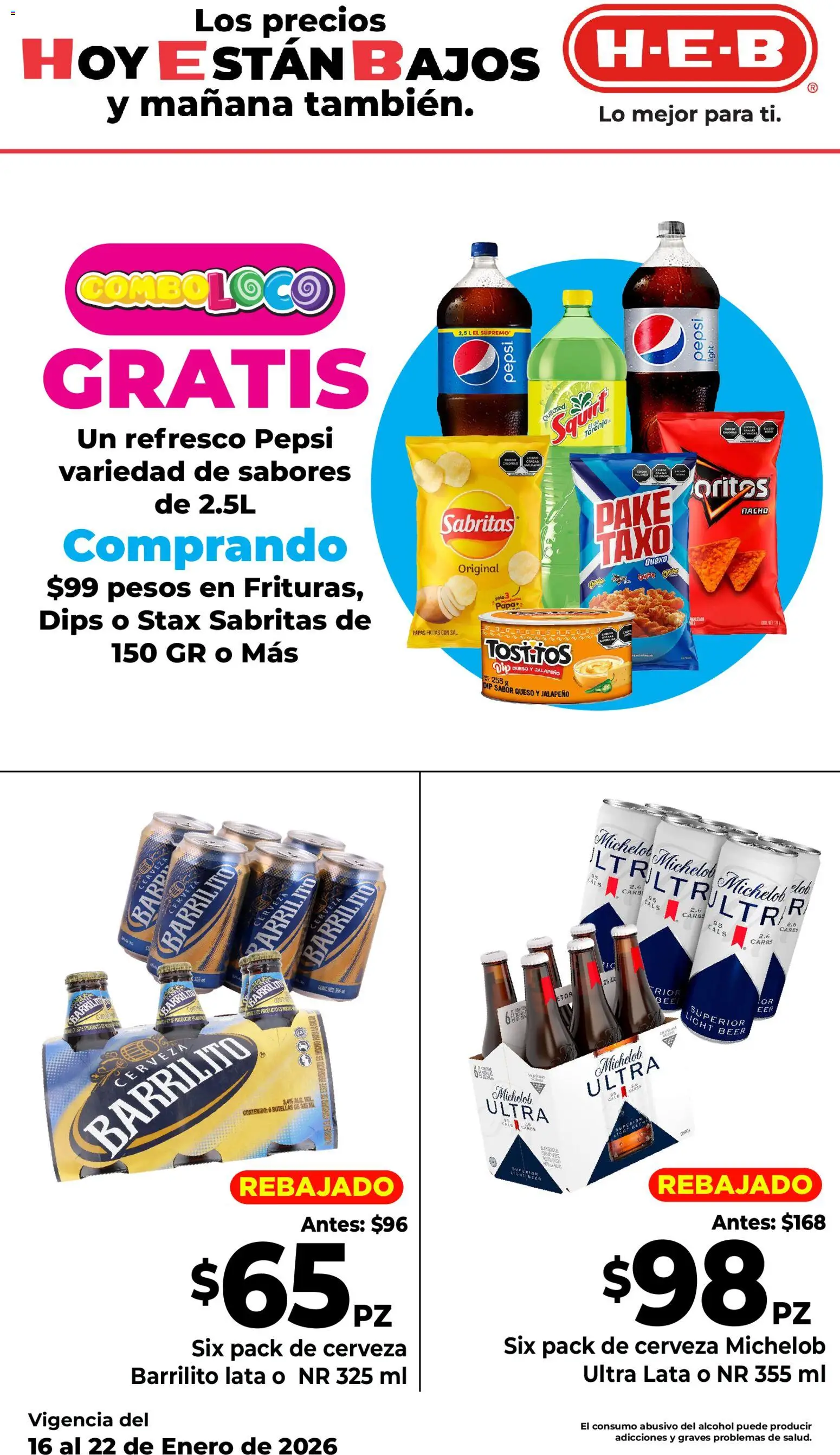 Nuevas ofertas de H-E-B válidas en toda la República Mexicana desde el 16.01.2026. ¡Encuentra las mejores ofertas en H-E-B folleto! | Página: 3 | Productos: Sal, Toronja, Cerveza, Papas fritas