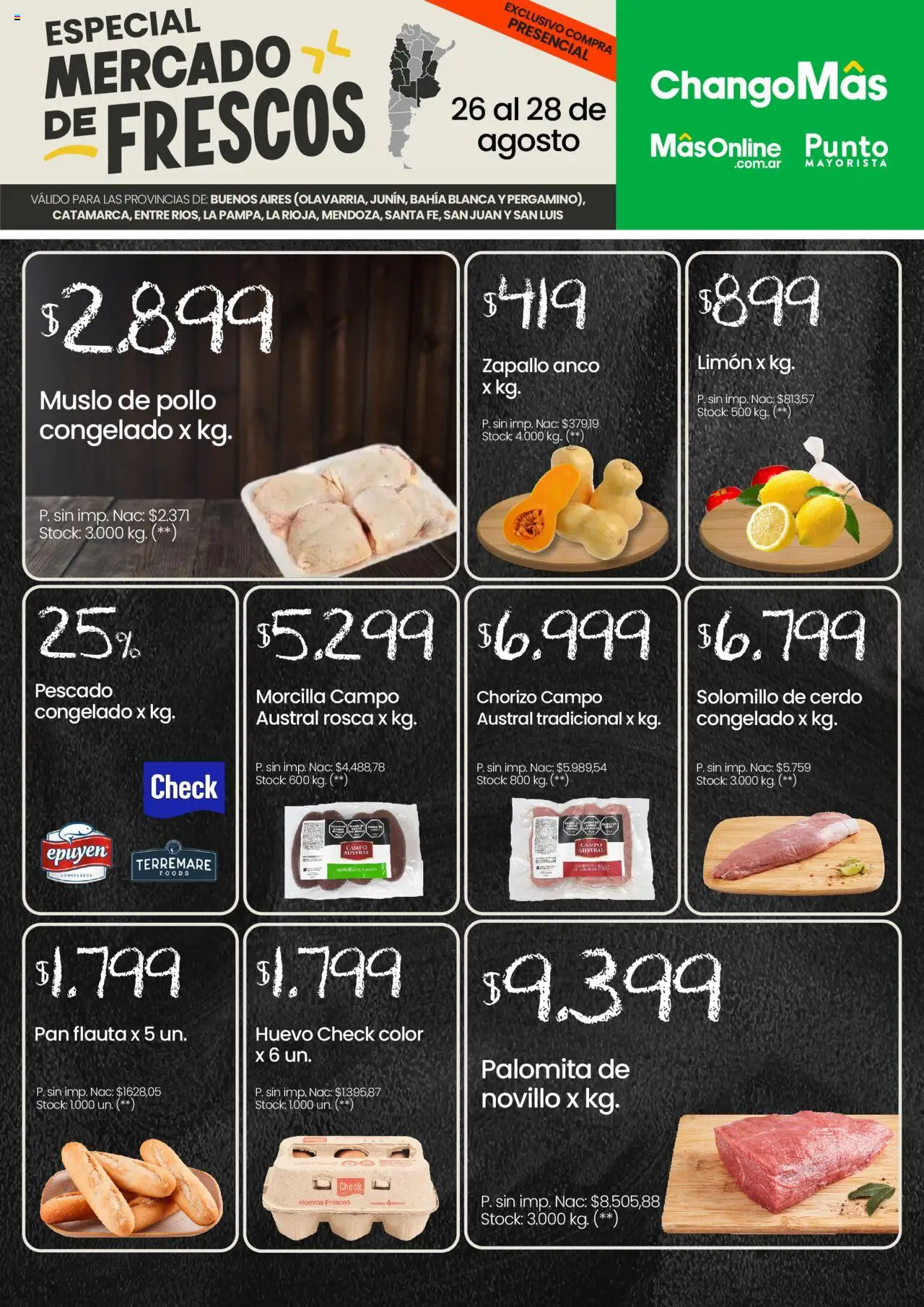 Changomas Mercado de Frescos │ válido desde el 26.08.2025 | Página: 1 | Productos: Pollo, Zapallo, Chorizo, Morcilla