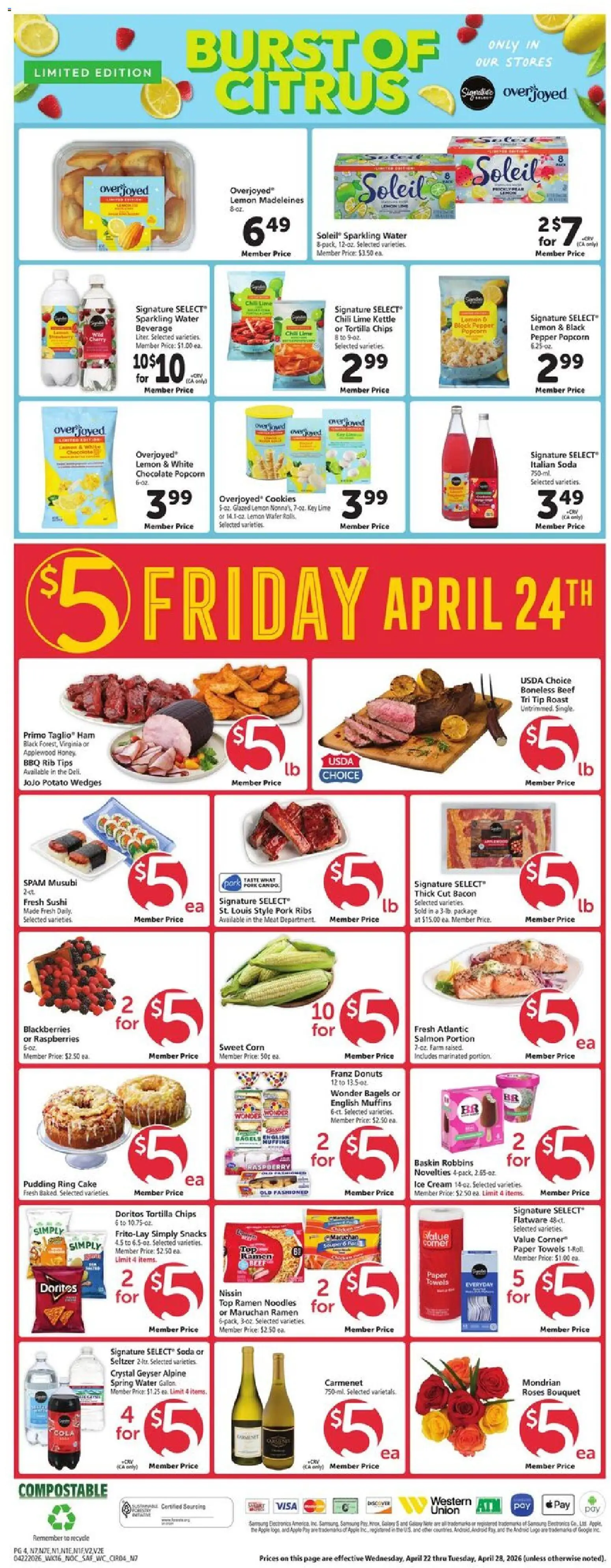 Safeway Weekly Ad - valid from 22.04.2026 | Page: 4 | Products: Pork, Cream, Ice cream, Water