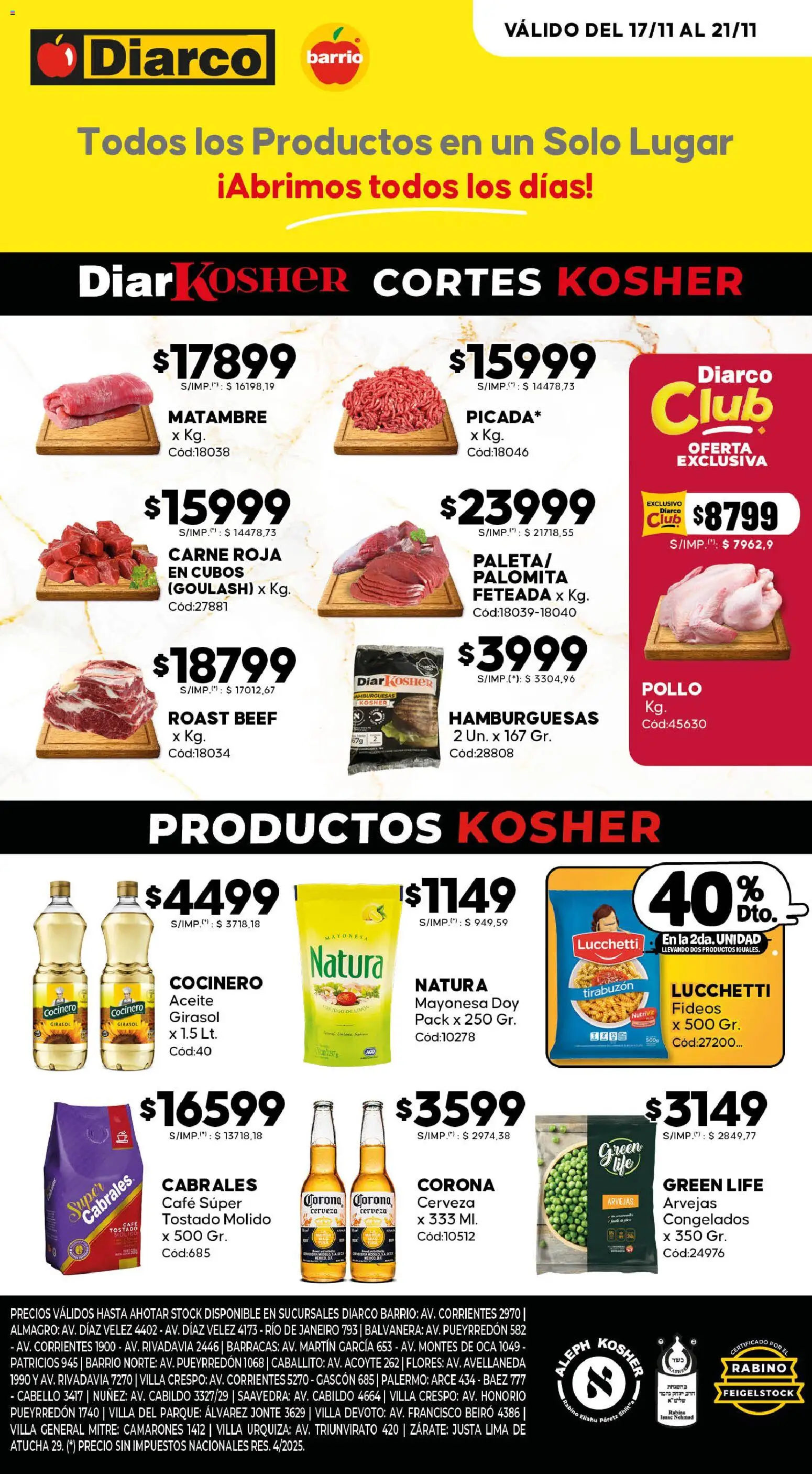Diarco - Ofertas Kosher  │ válido desde el 17.11.2025 | Página: 1 | Productos: Arvejas, General, Cerveza, Fideos