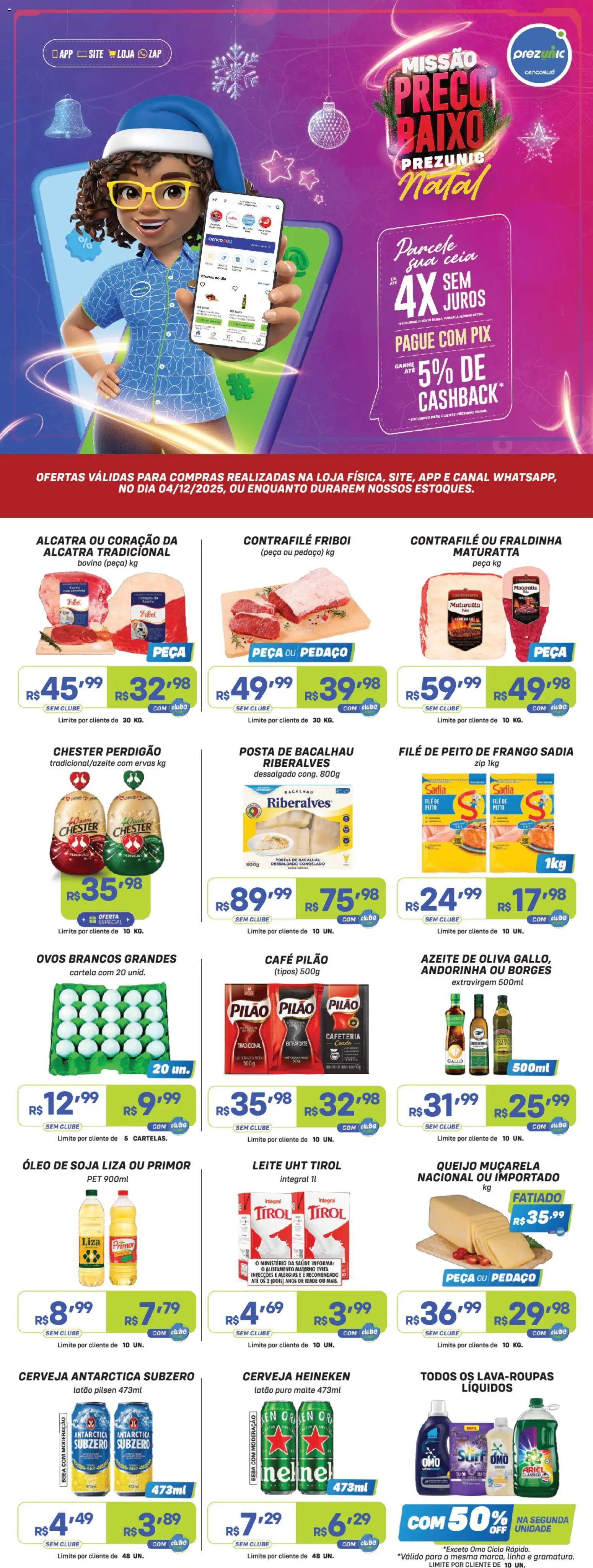 Prezunic Folheto - válido de 04.12.2025 | Página: 1 | Produtos: Queijo, Cerveja, Soja, Peito de frango