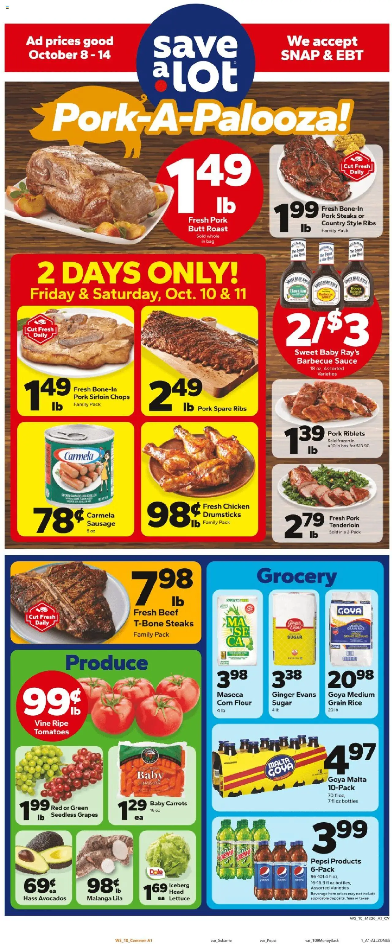 Save a Lot Weekly Ad - valid from 08.10.2025 | Page: 1 | Products: Ginger, Tomatoes, Sausage, Bag