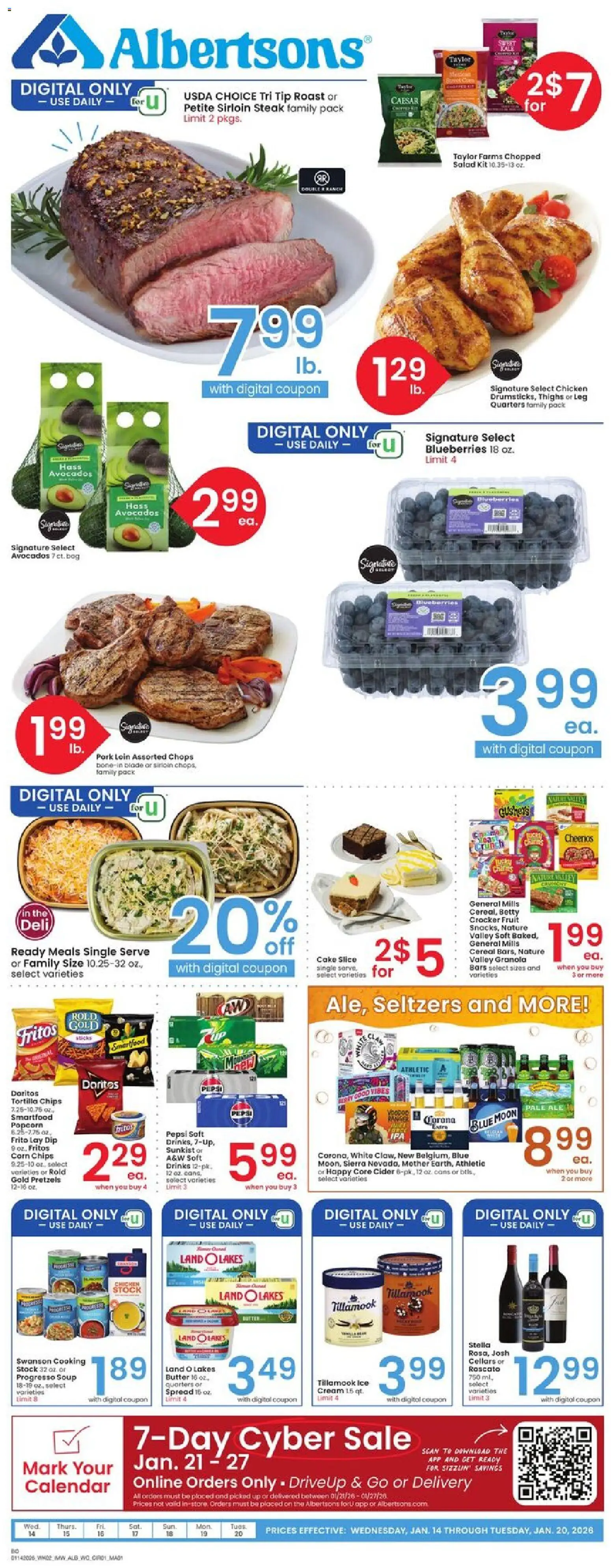 Albertsons Weekly Ad - valid from 14.01.2026 | Page: 1 | Products: Cider, Corn, Butter, Salad