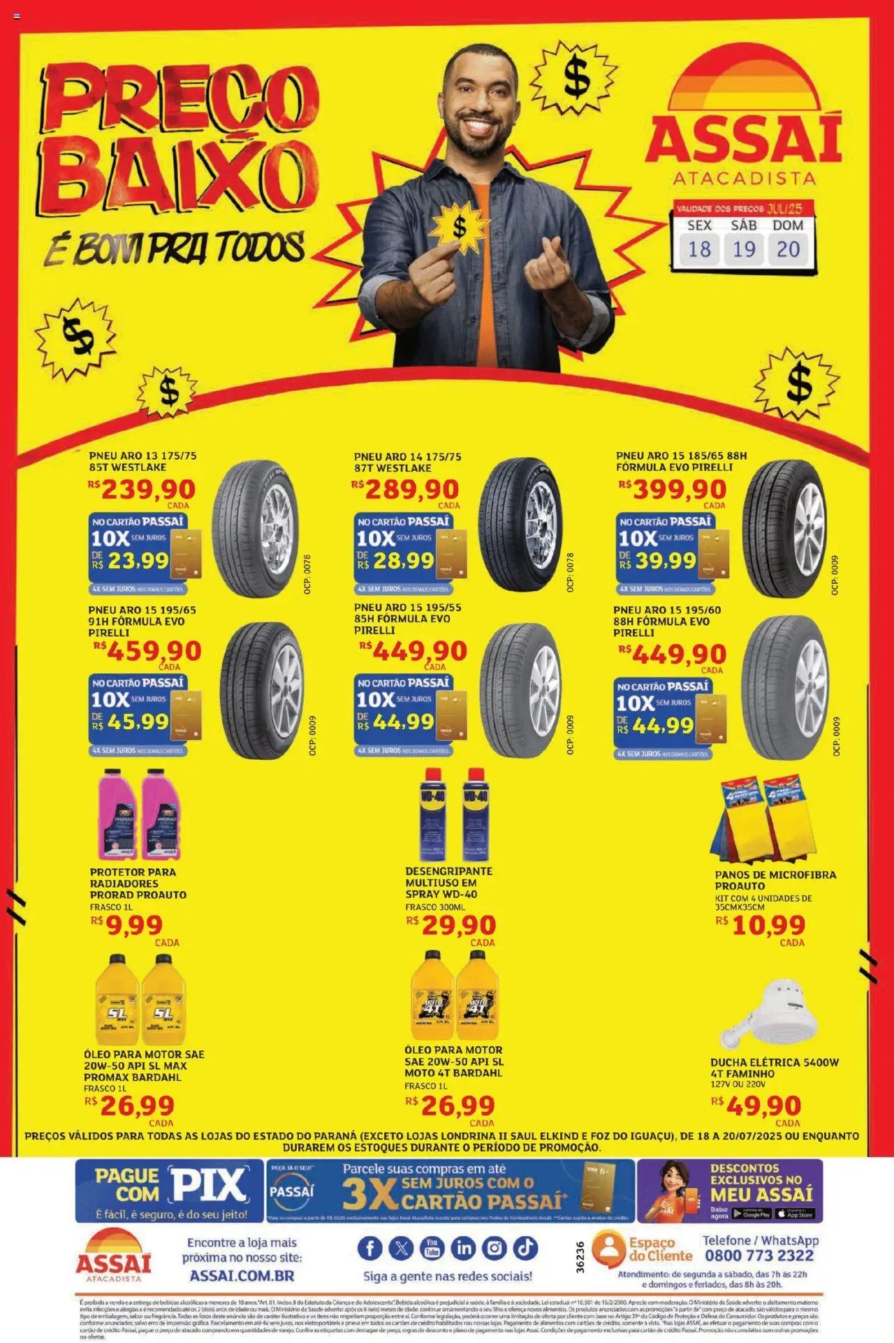 Assaí Atacadista Folheto - válido de 18.07.2025 | Página: 1 | Produtos: Pneu, Óleo, Baixo, Telefone