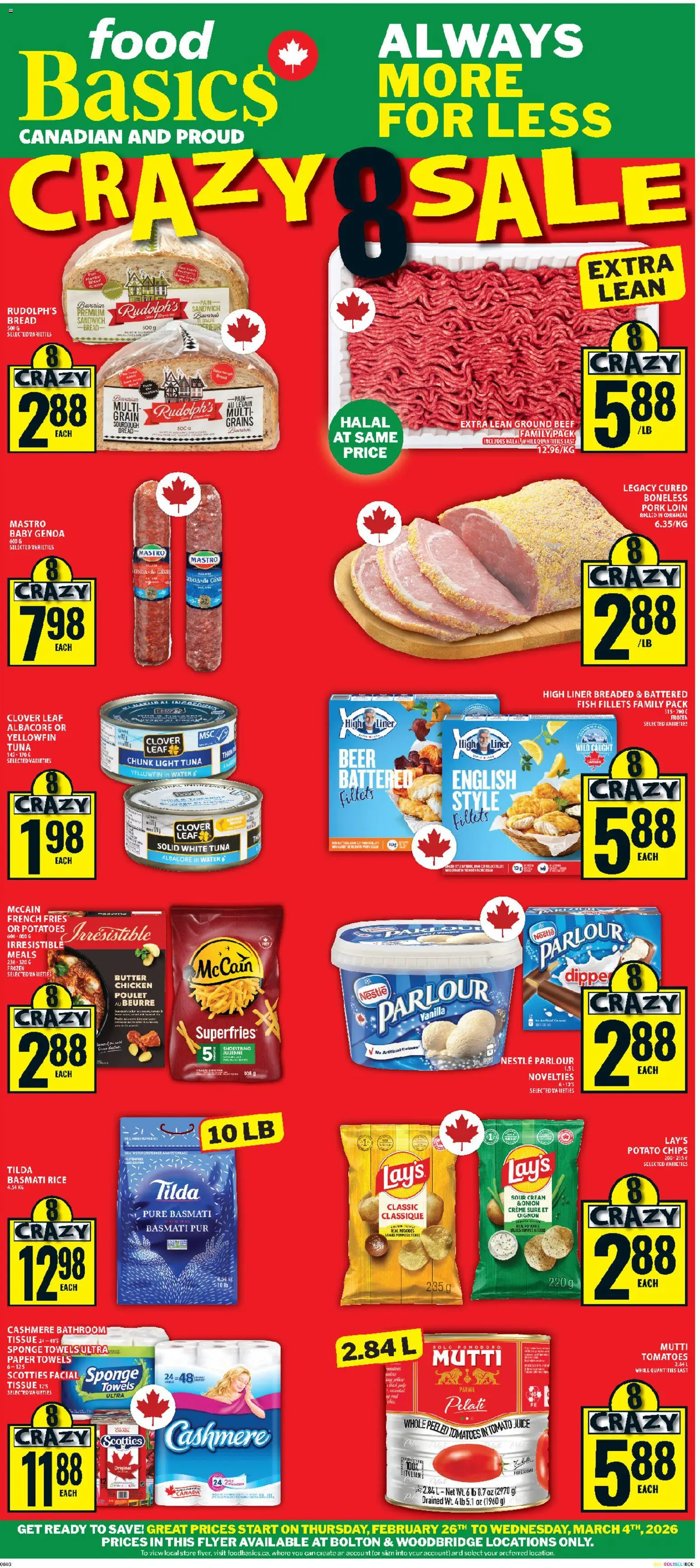 Food Basics flyer valid from 26.02.2026 | Page: 1 | Products: Rice, Fish, Bread, Tomatoes