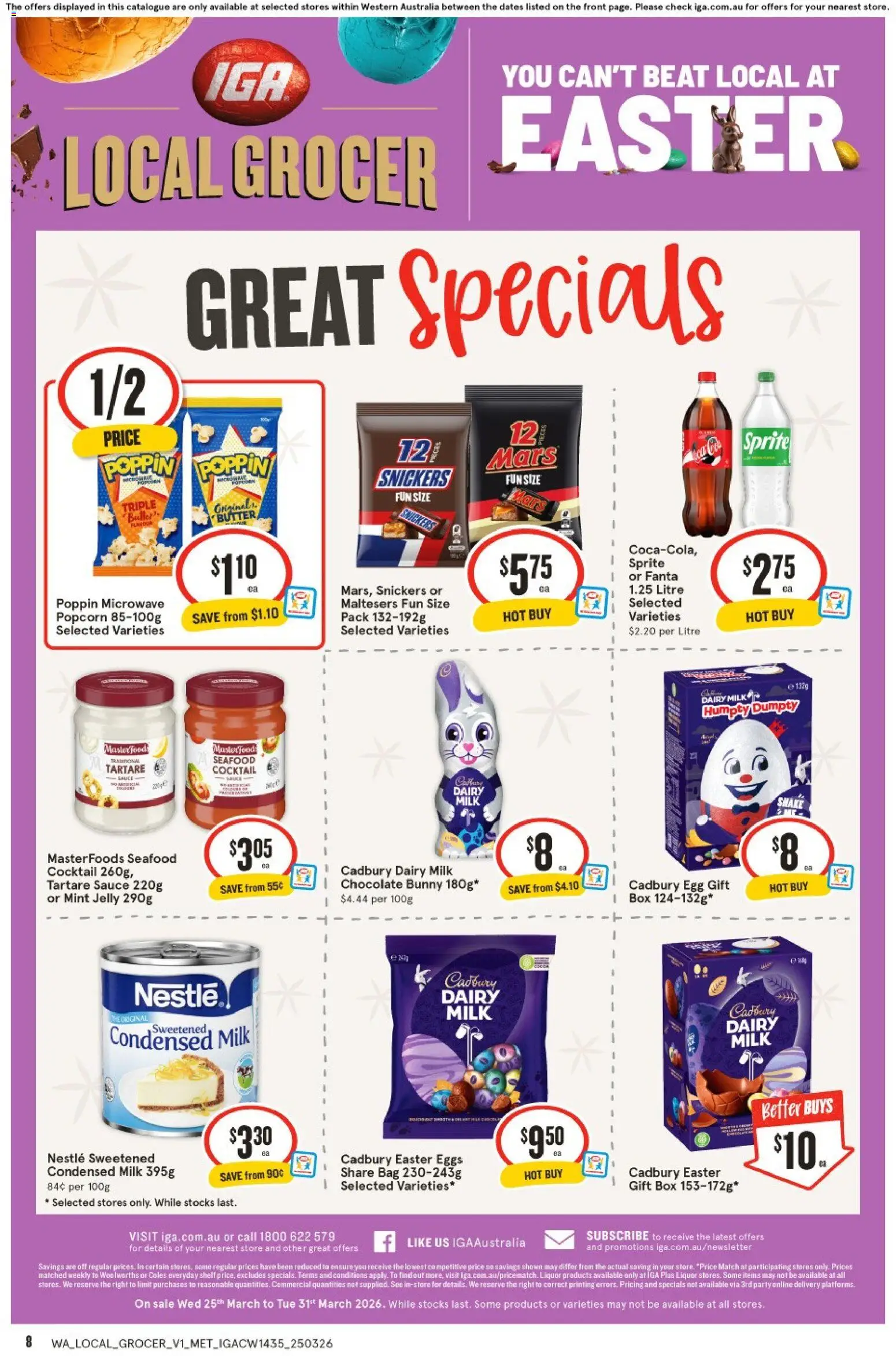 IGA catalogue - valid from 25.03.2026 | Page: 8 | Products: Milk, Eggs, Popcorn, Seafood