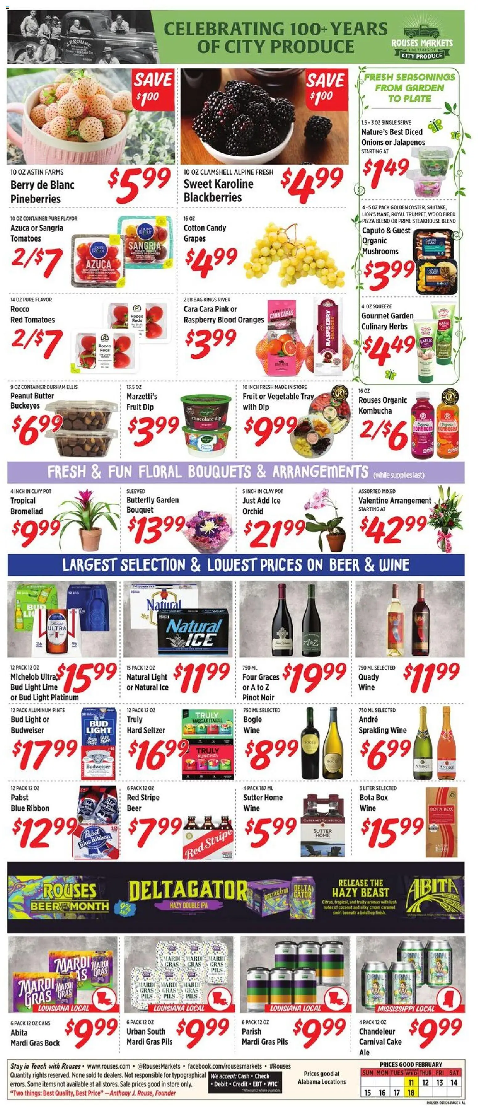 Rouses Weekly Ad - AL - valid from 11.02.2026 | Page: 8 | Products: Mushrooms, Beer, Oranges, Bag