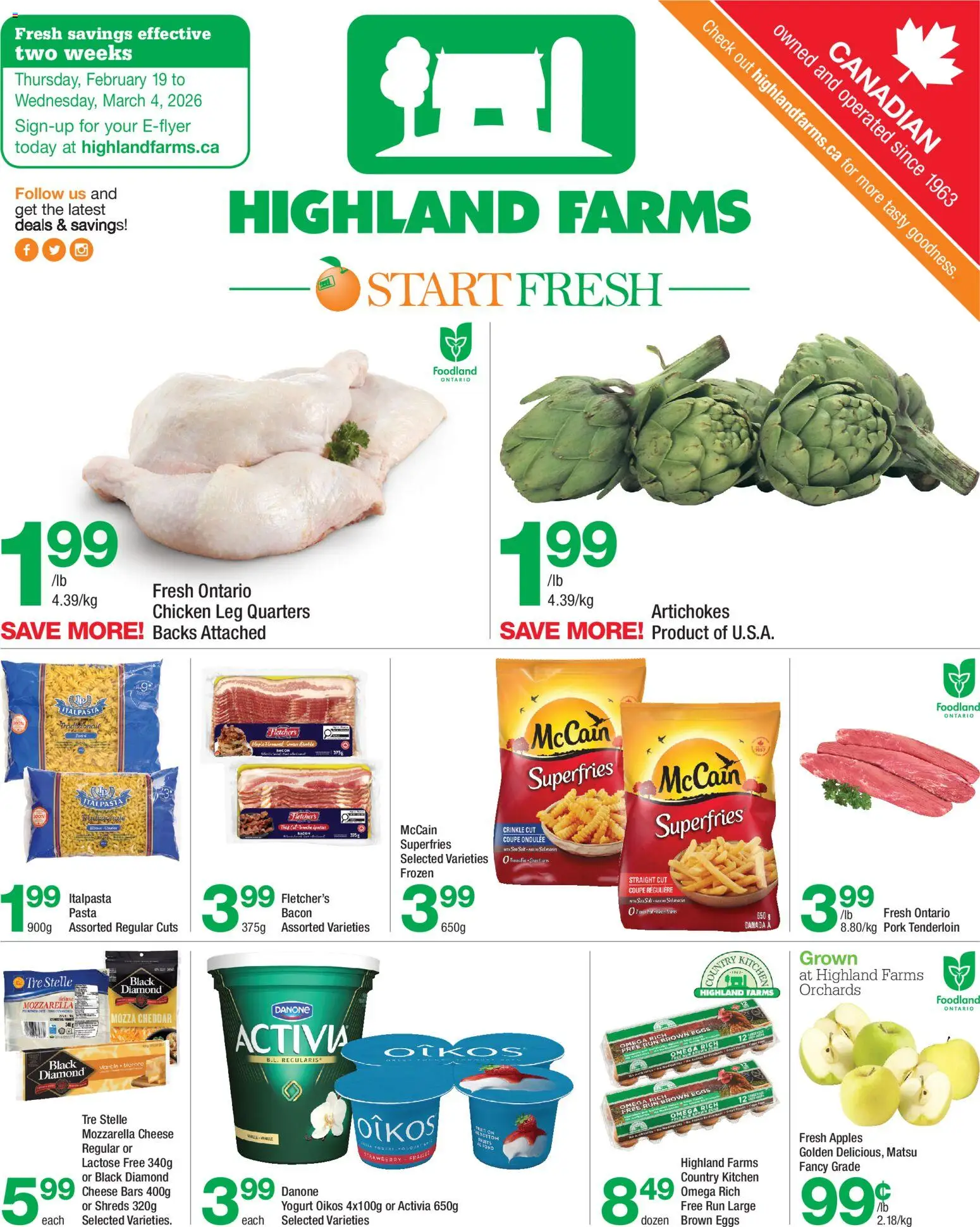 Highland Farms flyer valid from 19.02.2026 | Page: 1 | Products: Pasta, Cheese, Yogurt, Apples