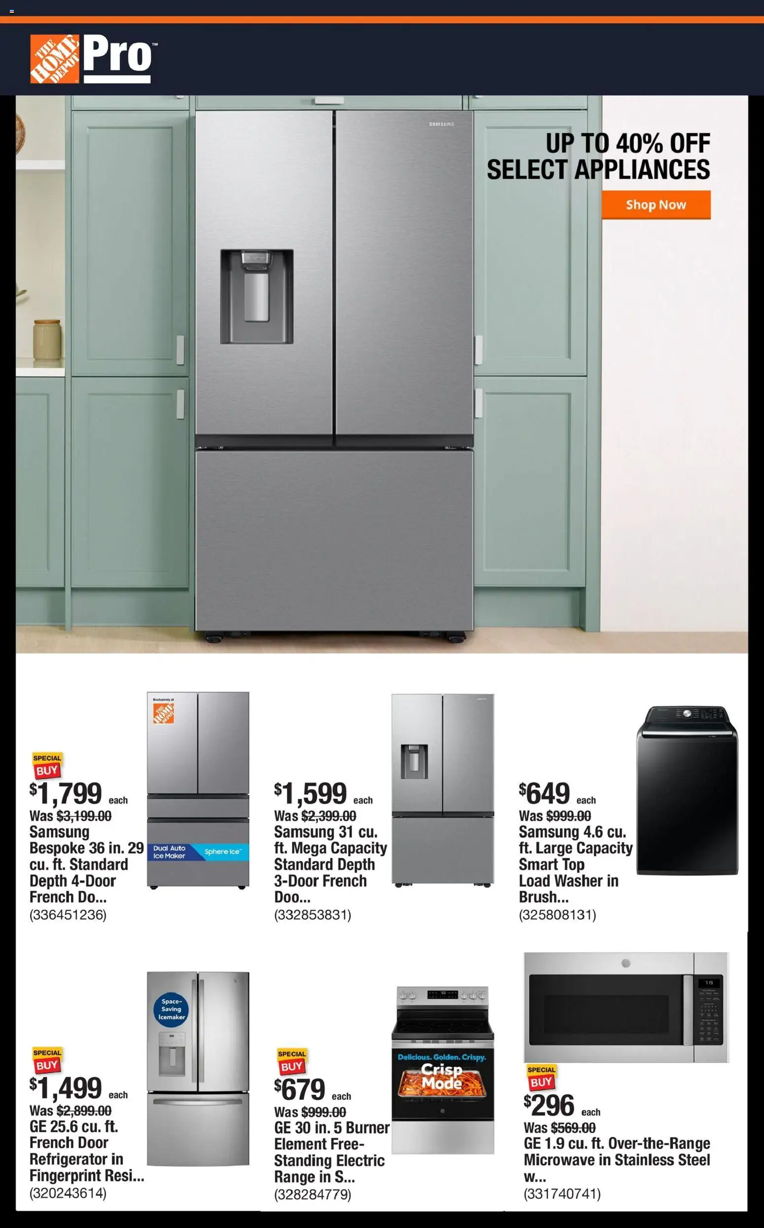 Home Depot Shop Pro Ad - CA - valid from 15.12.2025 | Page: 1 | Products: Microwave, Washer, Ice Maker, Refrigerator