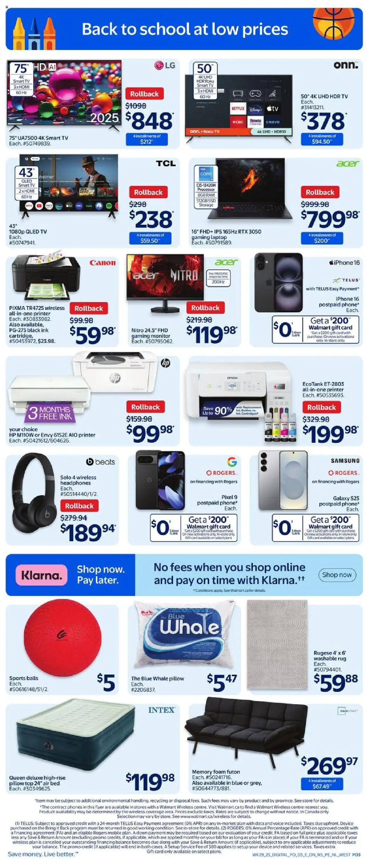 Walmart flyer valid from 14.08.2025 | Page: 12 | Products: Phone, Tv, Bed, Pillow