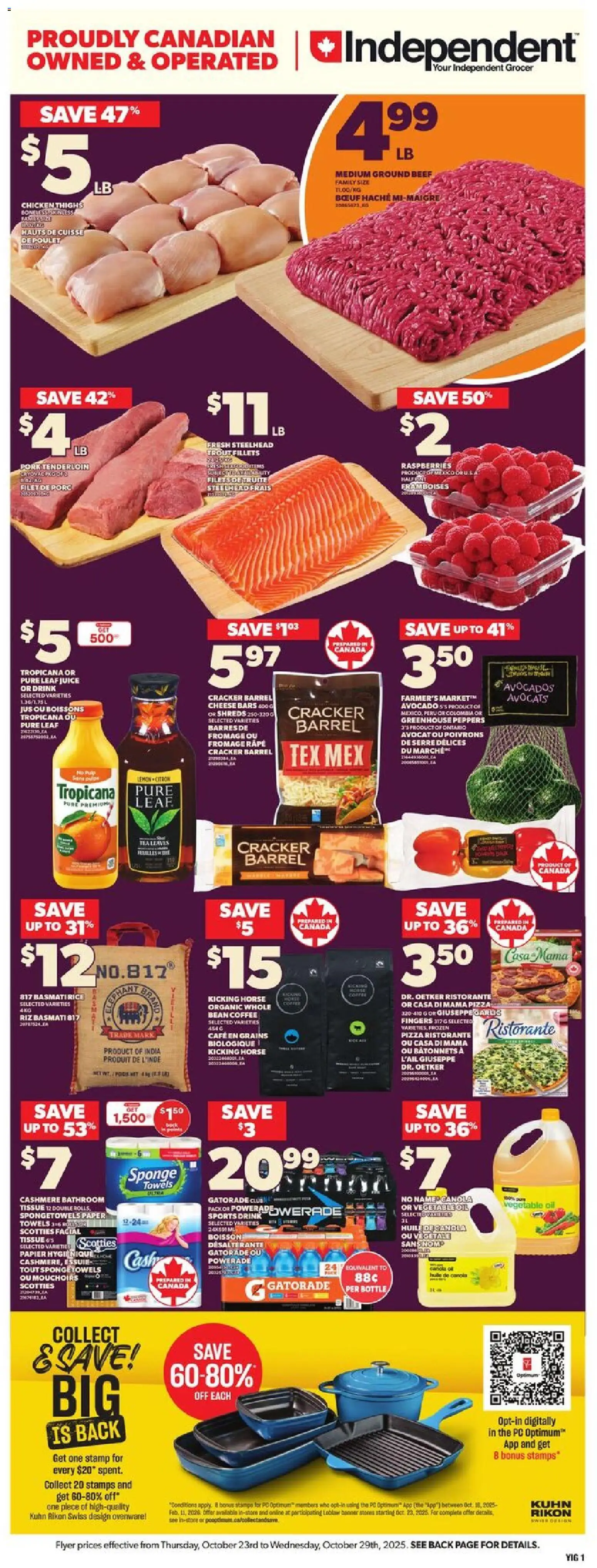 Independent Grocer flyer valid from 23.10.2025 | Page: 3 | Products: Tea, Oil, Pizza, Chicken