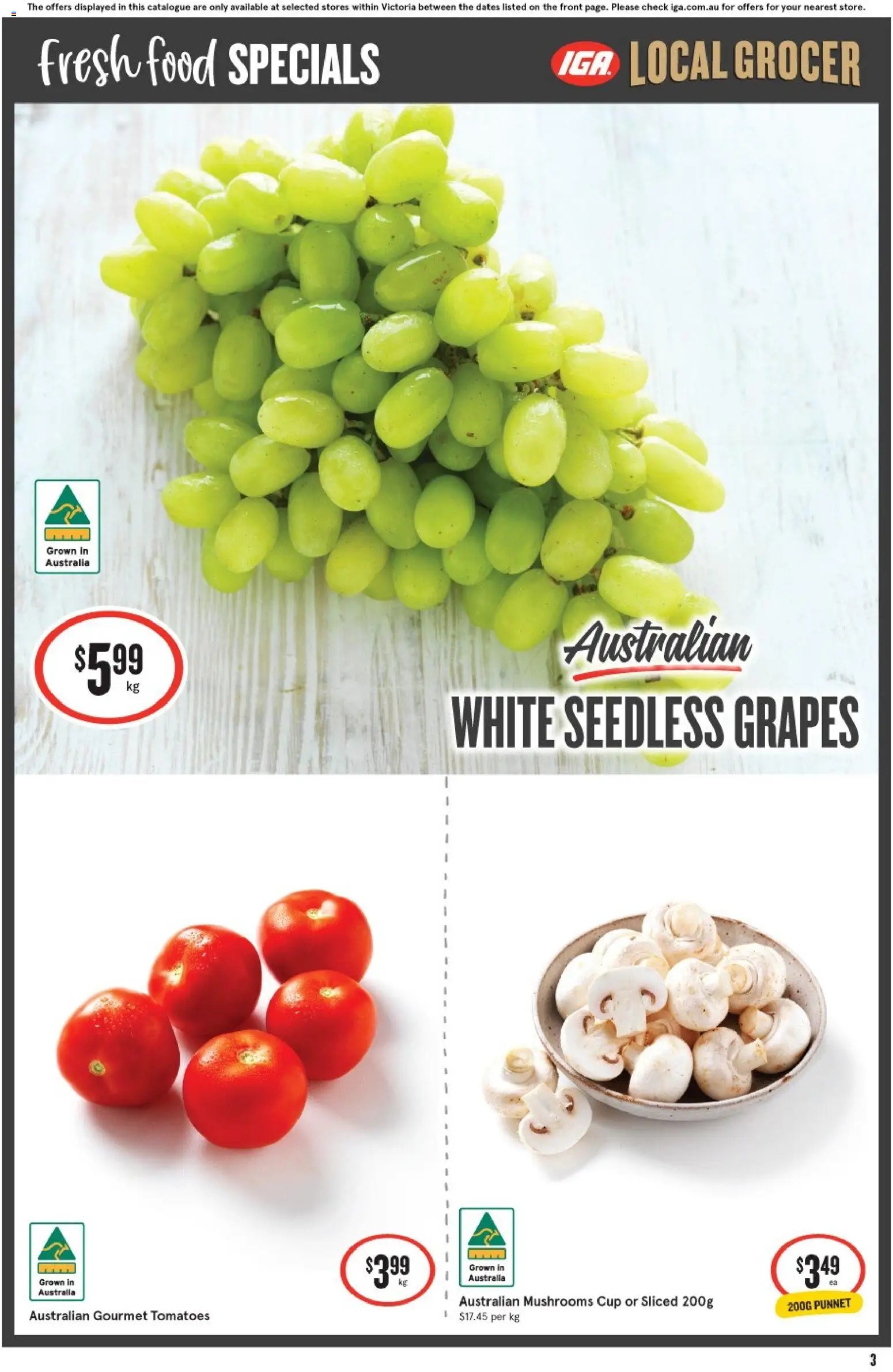 IGA catalogue - valid from 21.01.2026 | Page: 3 | Products: Tomatoes, Mushrooms, Grapes