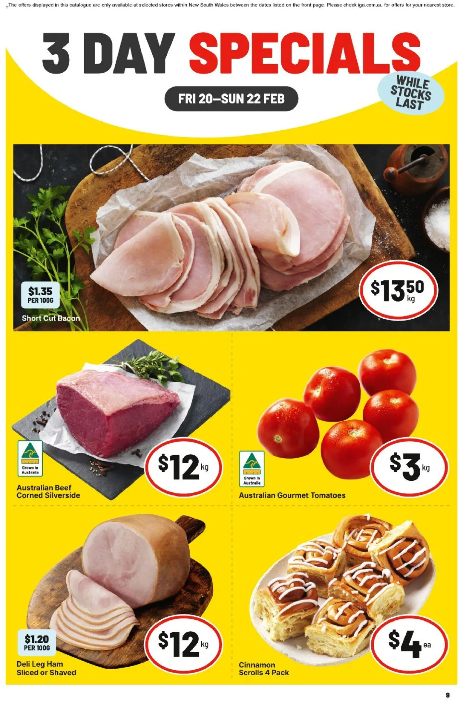 IGA catalogue - valid from 20.02.2026 | Page: 1 | Products: Bacon, Ham, Tomatoes, Beef