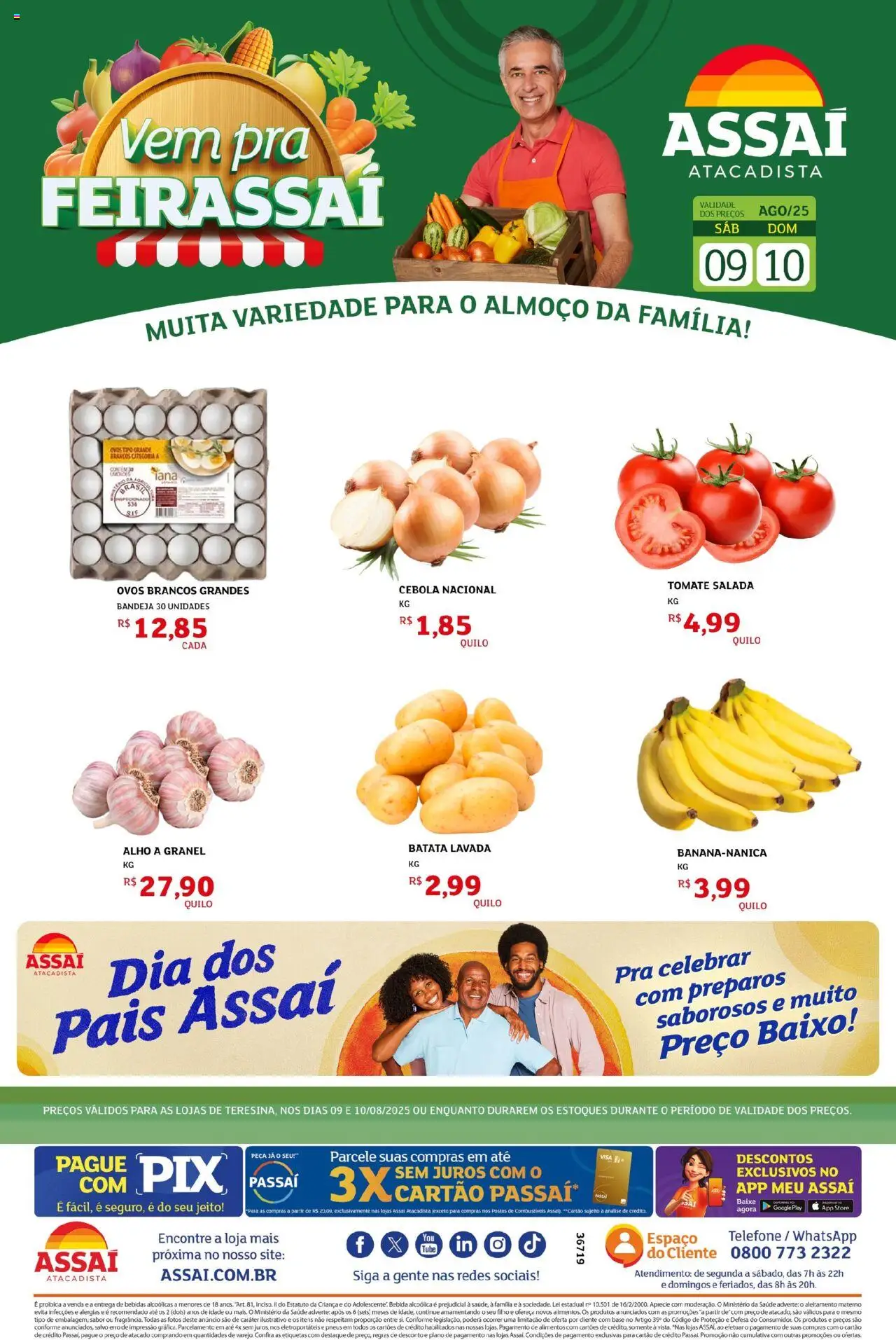 Assaí Atacadista Folheto - válido de 09.08.2025 | Página: 1 | Produtos: Cebola, Ovos, Base, Bebida