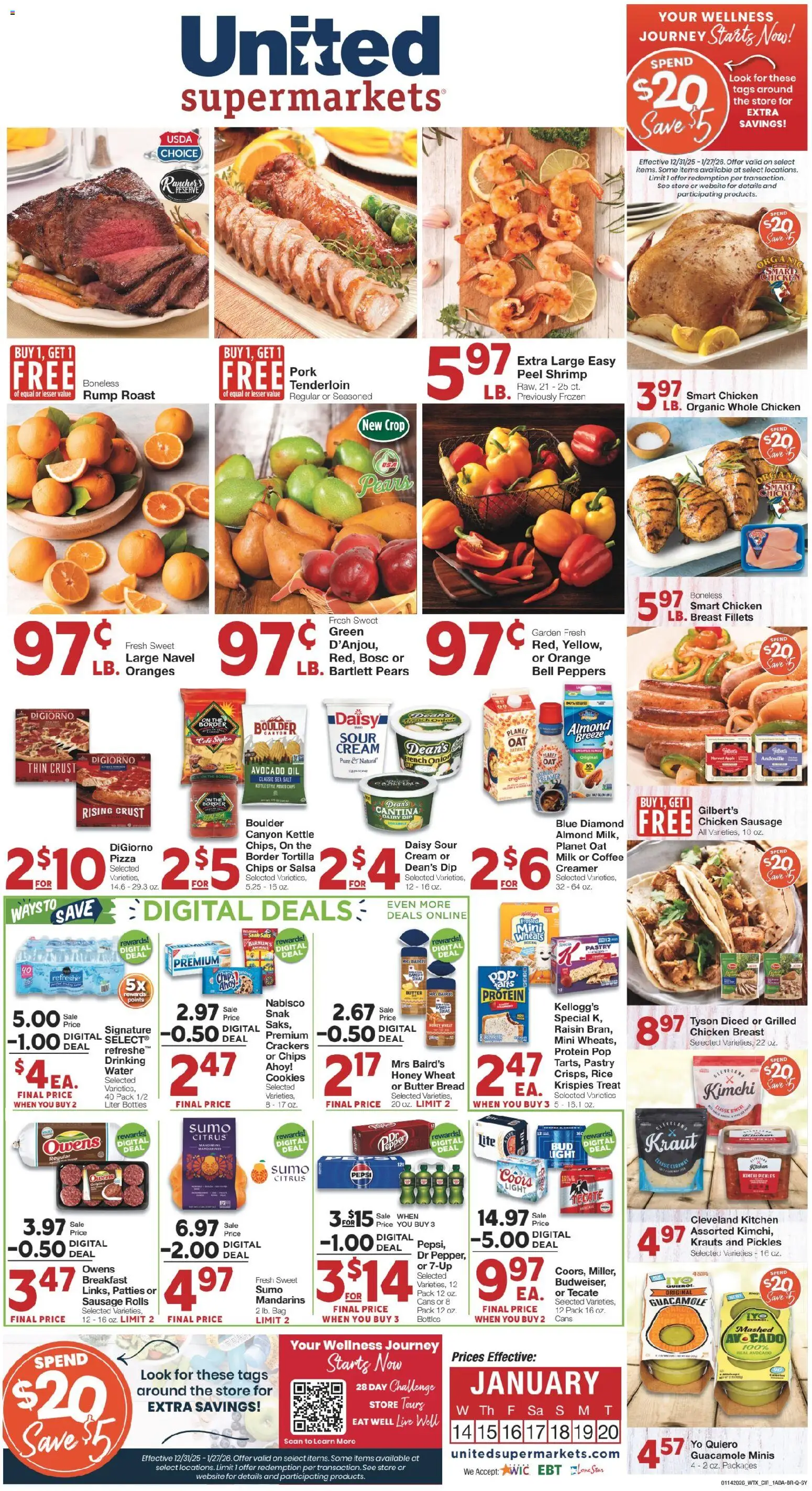 United Supermarkets Weekly Ad - valid from 13.01.2026 | Page: 1 | Products: Mandarins, Pizza, Avocado, Water