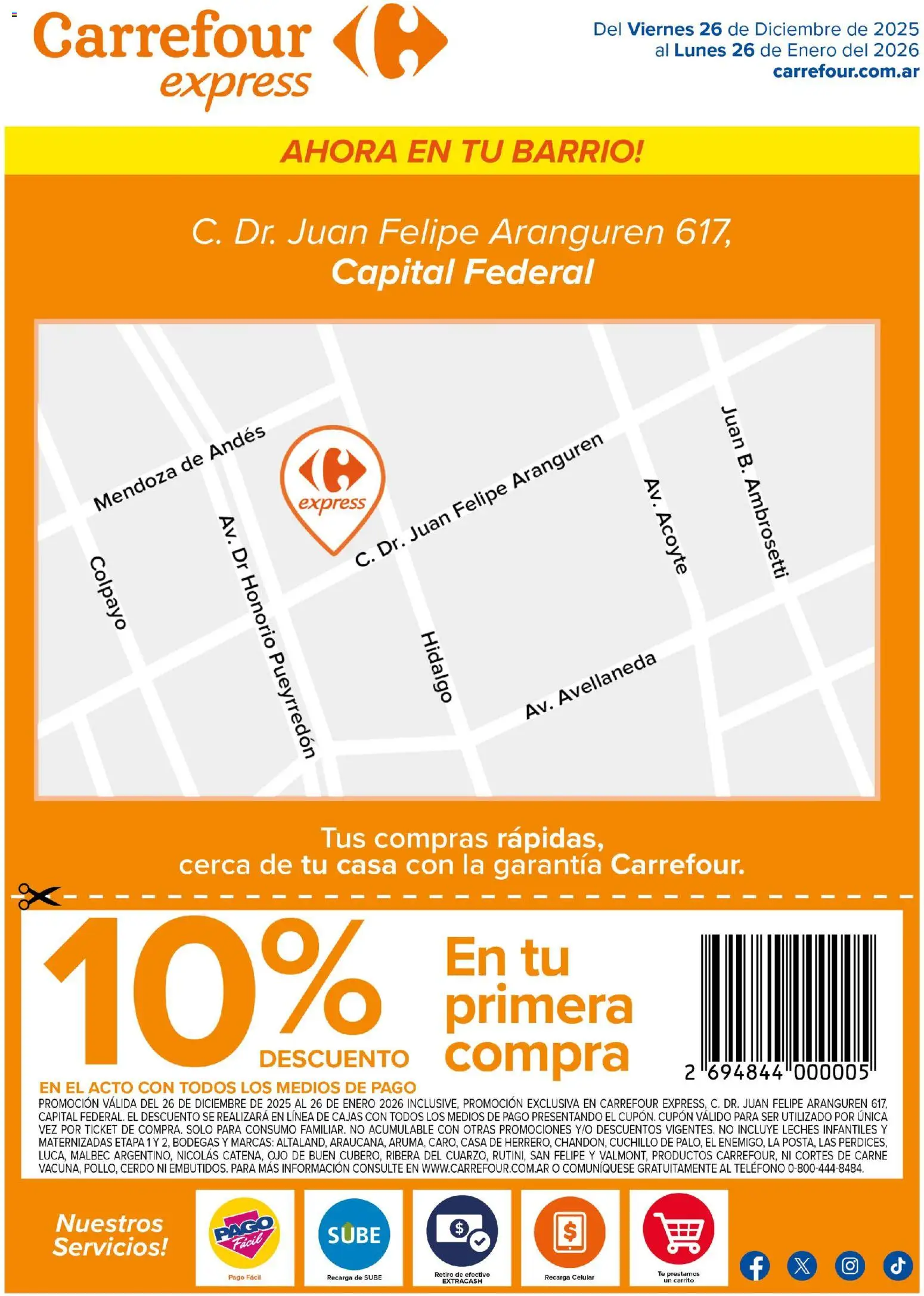 Carrefour - Express | Dr. Juan Felipe Aranguren 617, Capital Federal  │ válido desde el 26.12.2025 | Página: 1 | Productos: Teléfono, Cuchillo, Cerdo, Té