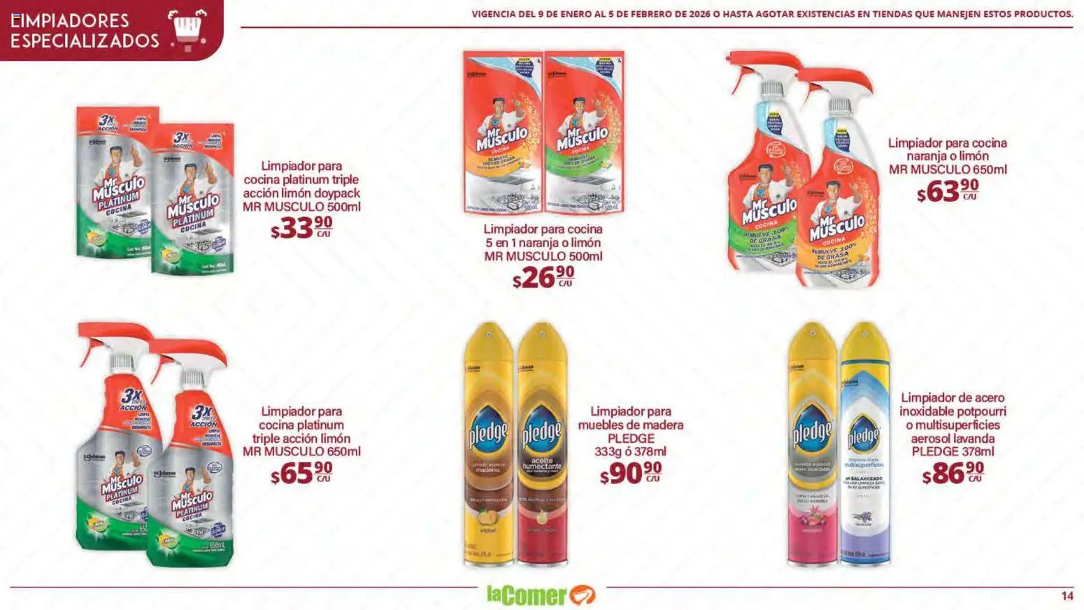 Nuevas ofertas de La Comer válidas en toda la República Mexicana desde el 09.01.2026. ¡Encuentra las mejores ofertas en La Comer folleto Limpia Desinfecta Organiza Ahorra! | Página: 14 | Productos: Limón, Aceite, Loción, Limpiador
