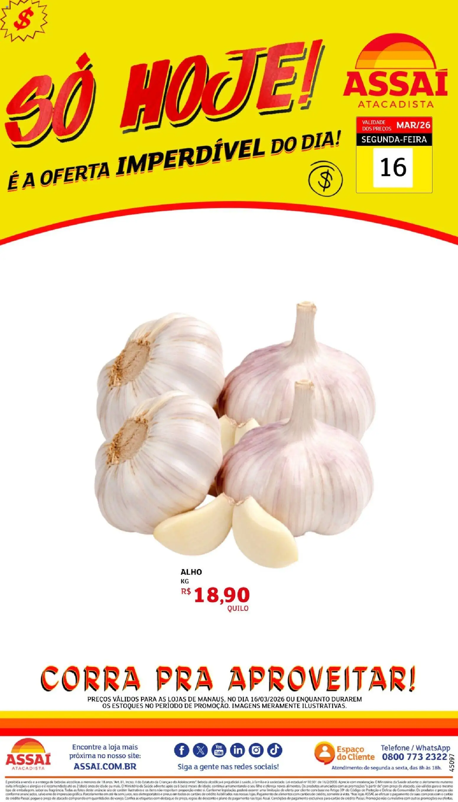Assaí Atacadista Folheto - válido de 16.03.2026 | Página: 1 | Produtos: Alho, Base, Bebida, Telefone