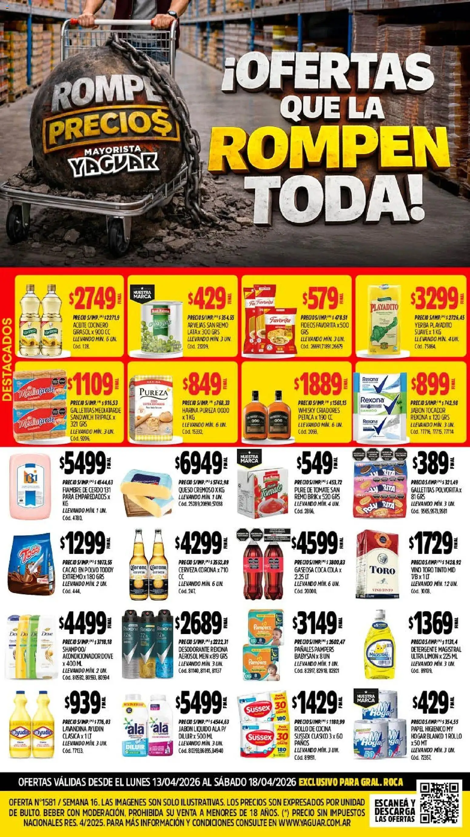 Yaguar - Oferta Semanal General Roca │ válido desde el 13.04.2026 | Página: 1 | Productos: Lavandina, Queso, Vino, Cerdo
