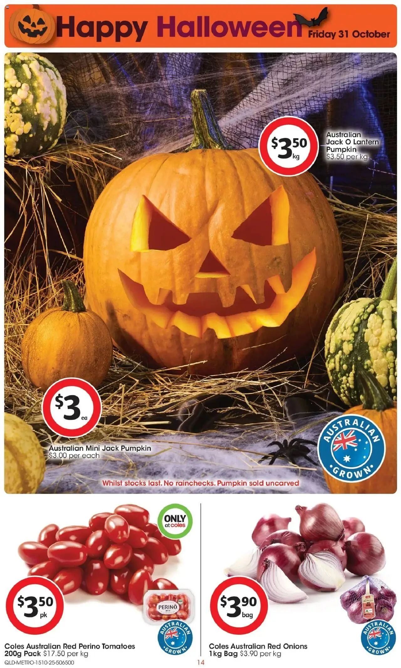 Coles catalogue - valid from 15.10.2025 | Page: 14 | Products: Tomatoes, Onions, Pumpkin, Bag