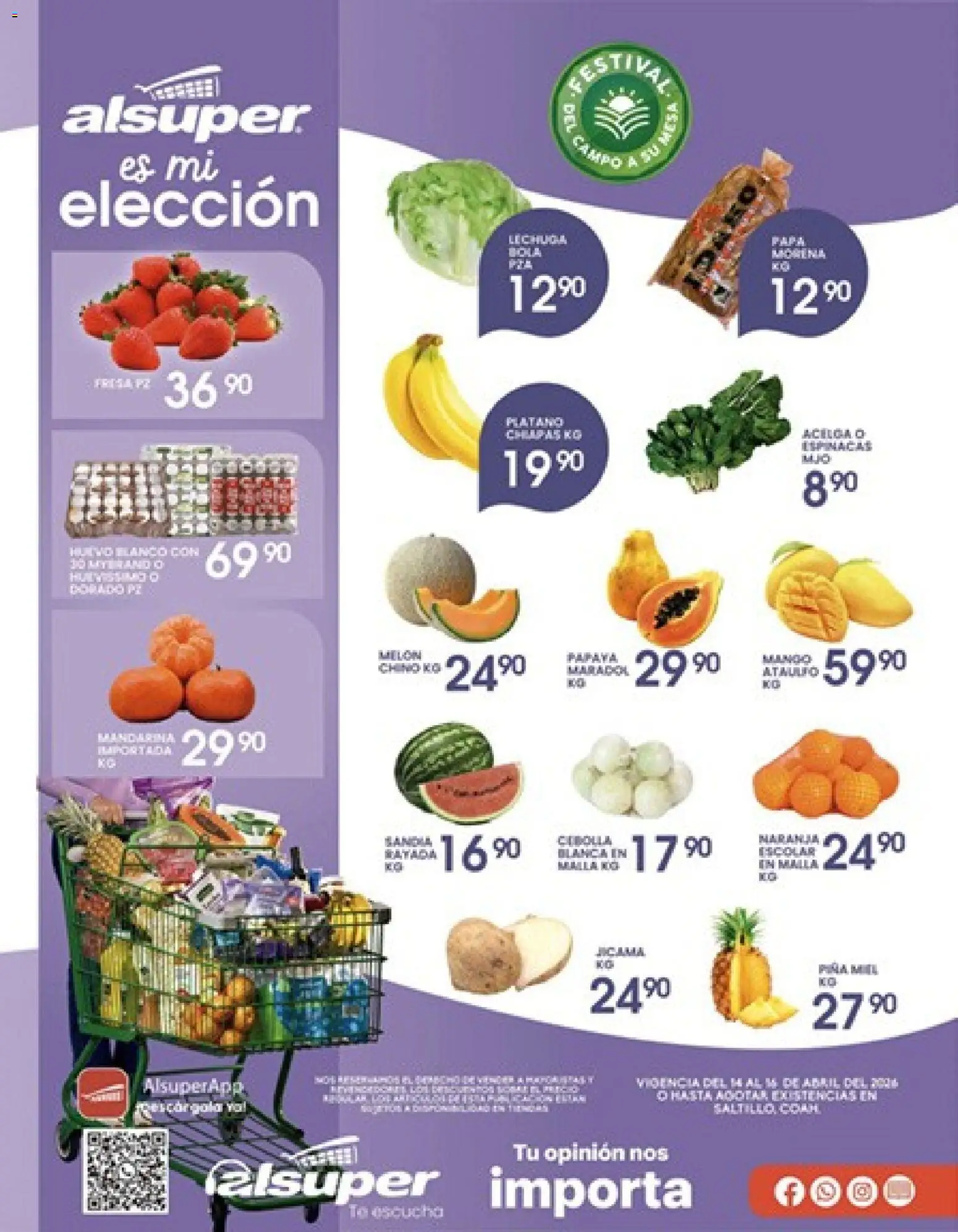 Nuevas ofertas de Alsuper válidas en toda la República Mexicana desde el 14.04.2026. ¡Encuentra las mejores ofertas en Alsuper folleto Saltillo! | Página: 1 | Productos: Plátano, Papa, Sandía, Lechuga