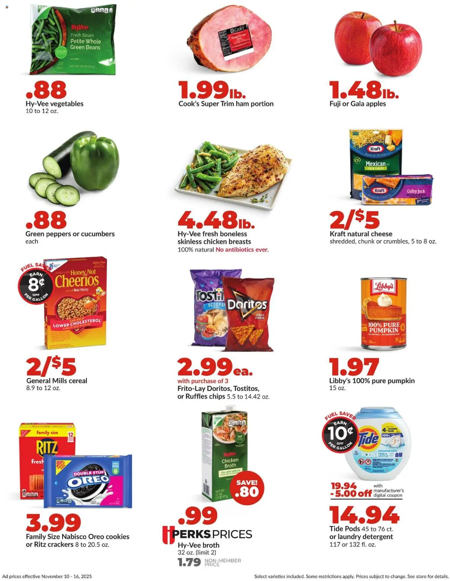 HyVee Weekly Ad - valid from 10.11.2025 | Page: 2 | Products: Trim, Detergent, Cucumbers, Vegetables
