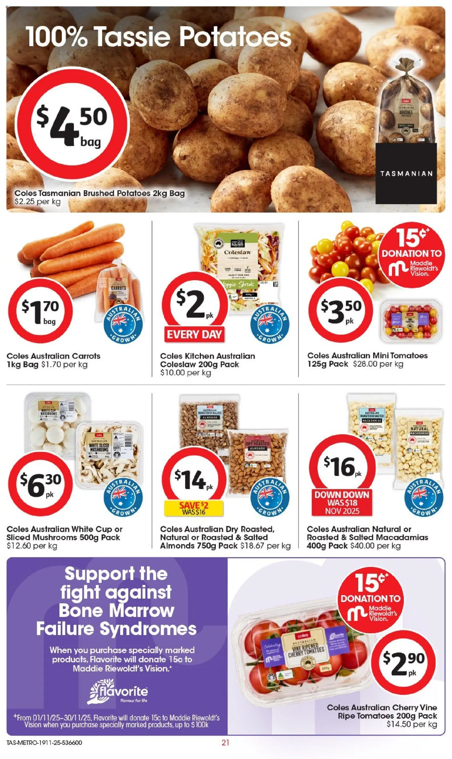 Coles catalogue - valid from 19.11.2025 | Page: 22 | Products: Almonds, Tomatoes, Mushrooms, Potatoes