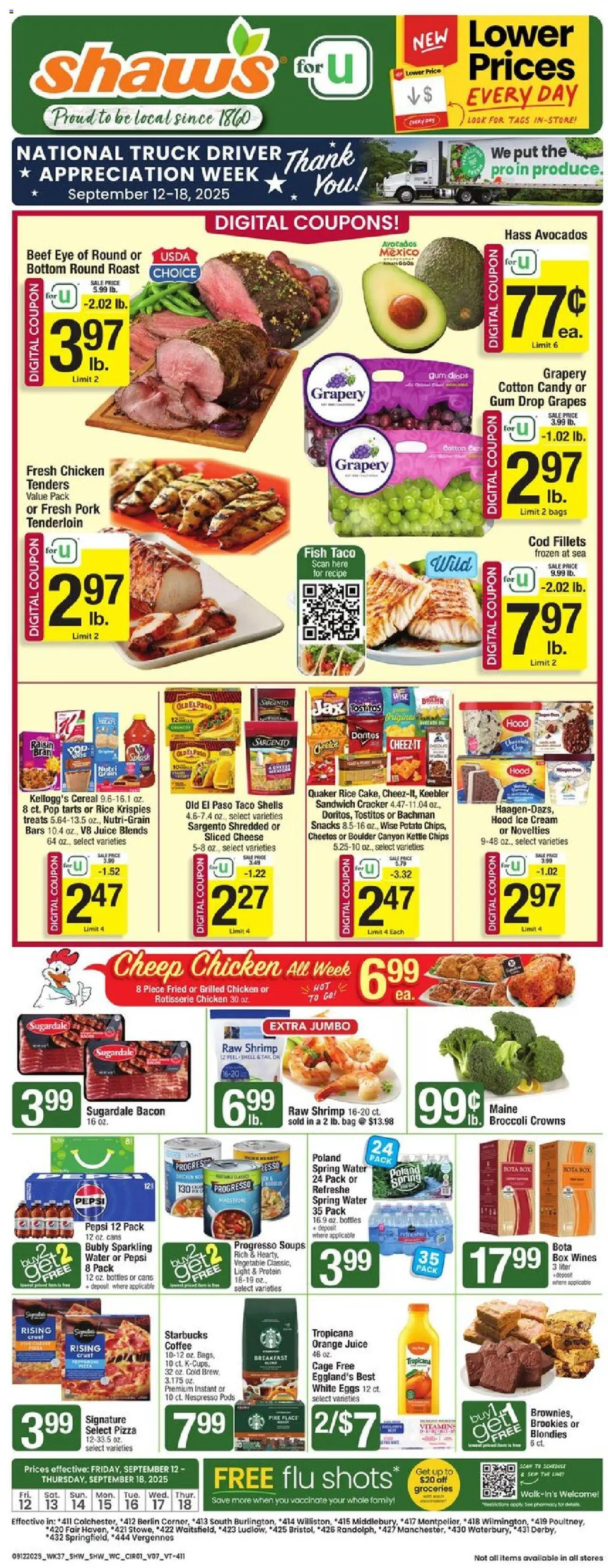 Shaw's Weekly Ad - VT - valid from 12.09.2025 | Page: 1 | Products: Box, Eggs, Pizza, Chips