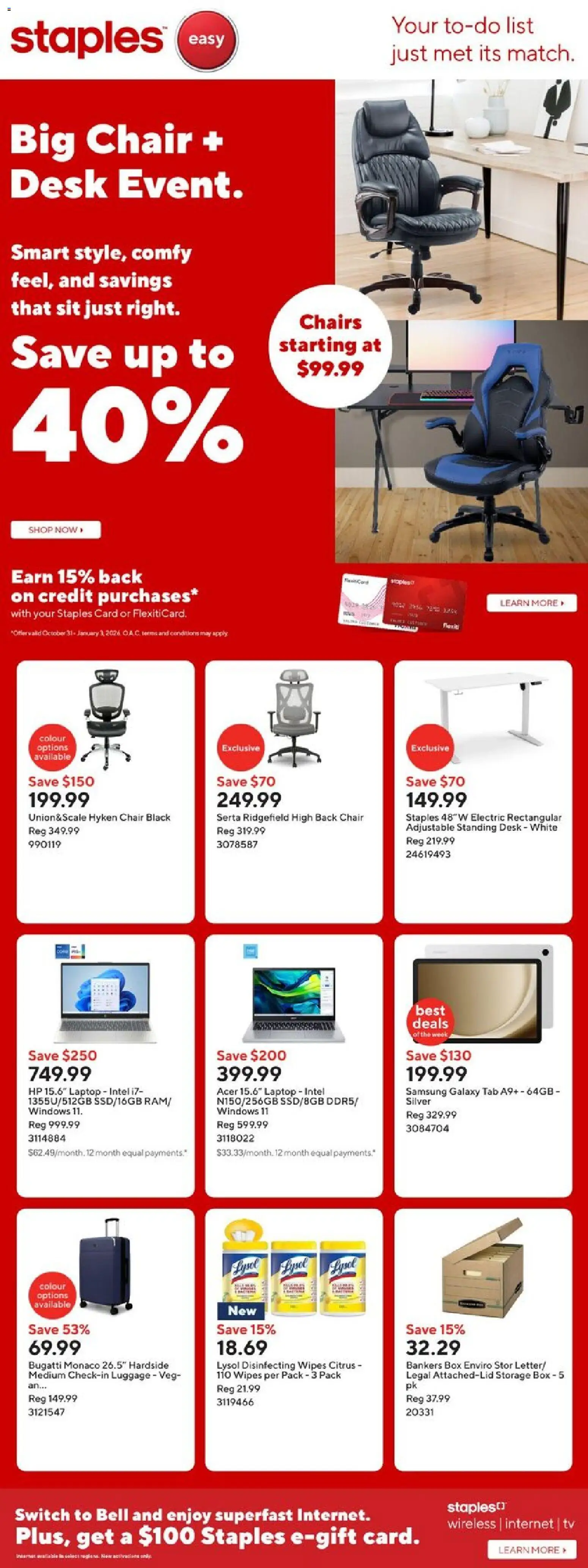 Staples flyer valid from 31.10.2025 | Page: 1 | Products: Luggage, Tv, Chair, Box