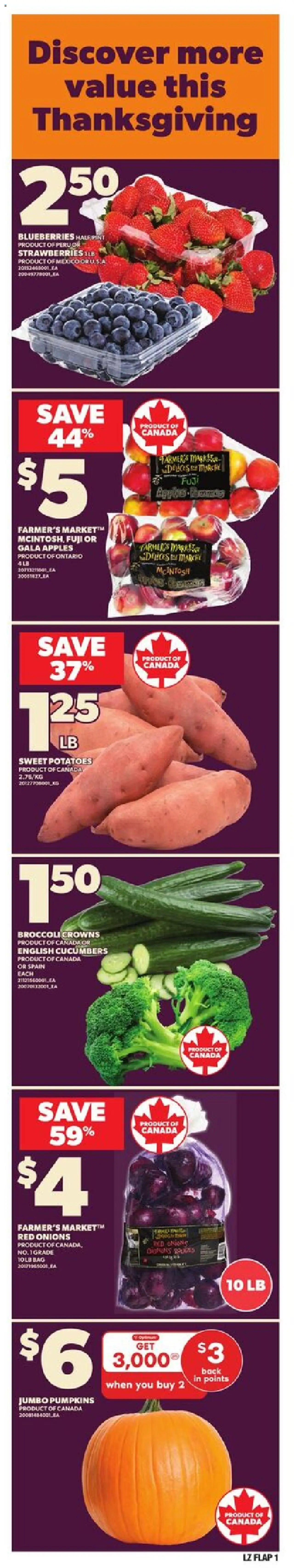Zehrs flyer valid from 02.10.2025 | Page: 1 | Products: Strawberries, Cucumbers, Potatoes, Apples