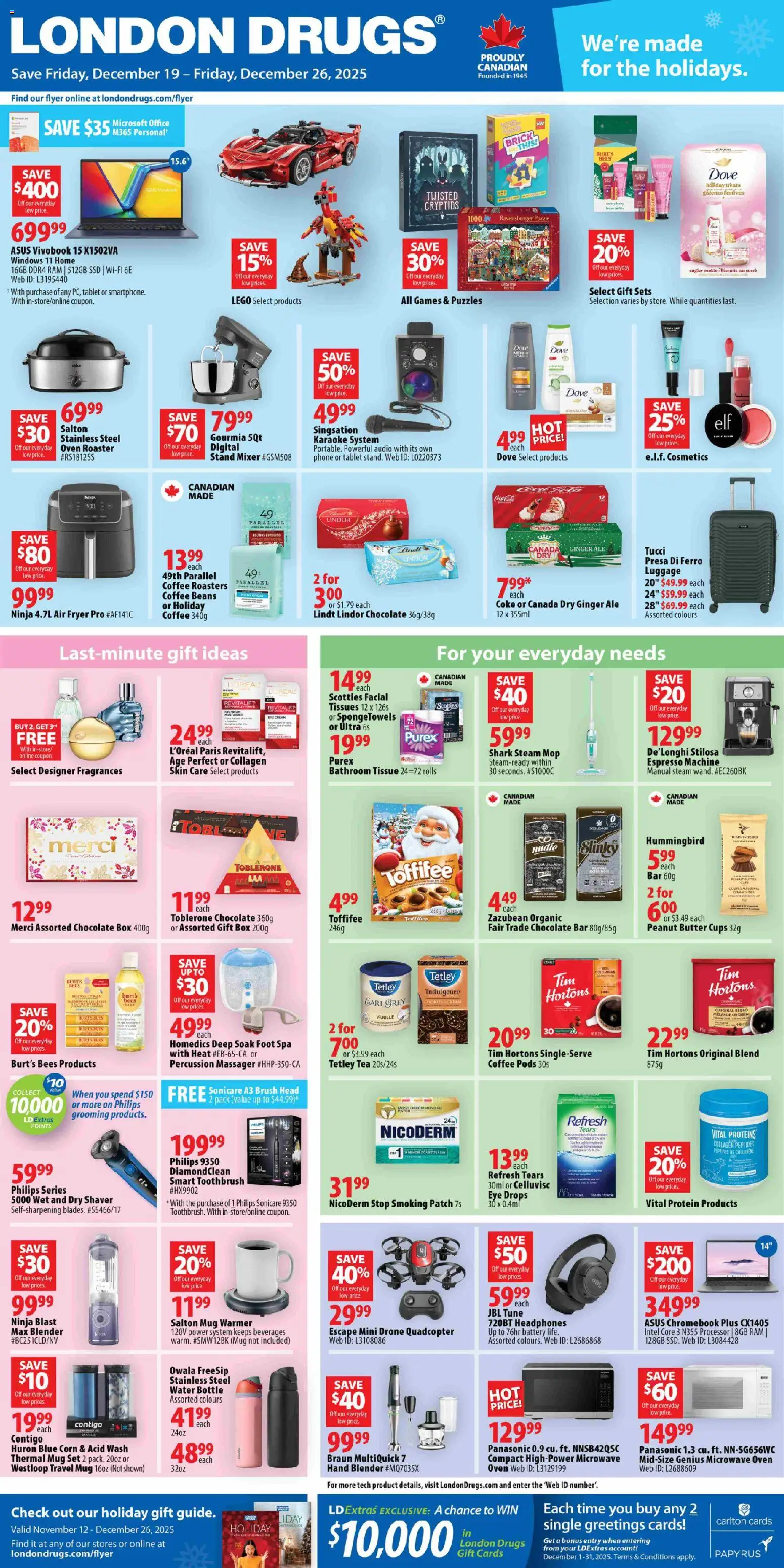 London Drugs flyer valid from 19.12.2025 | Page: 1 | Products: Tea, Headphones, Box, Coffee