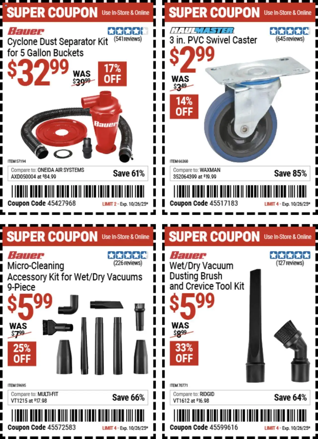 Harbor Freight Coupon Deals - valid from 13.10.2025 | Page: 6 | Products: Vacuum, Swivel, Caster, Brush