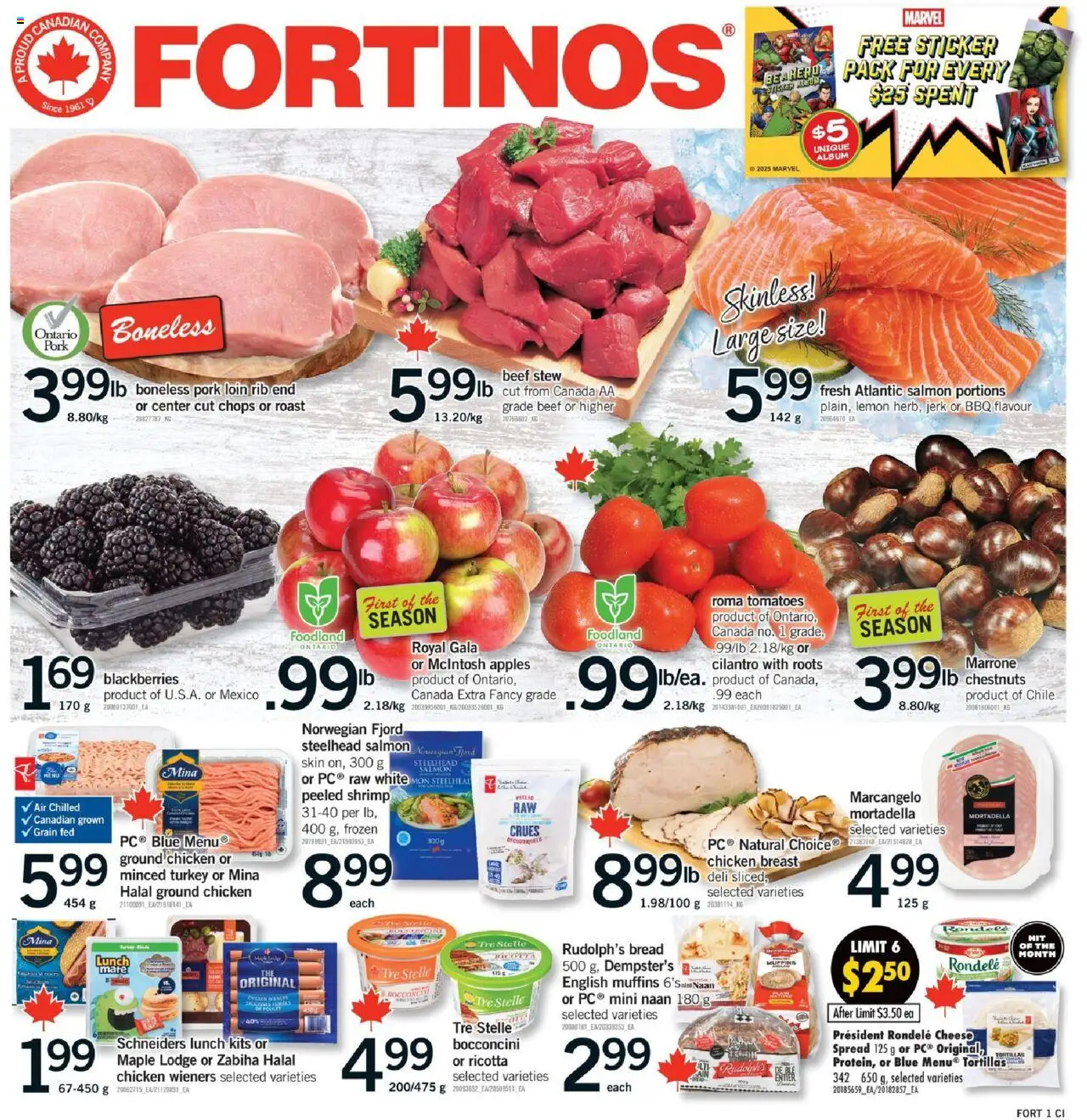 Fortinos flyer valid from 11.09.2025 | Page: 1 | Products: Turkey, Cheese, Pork, Tomatoes