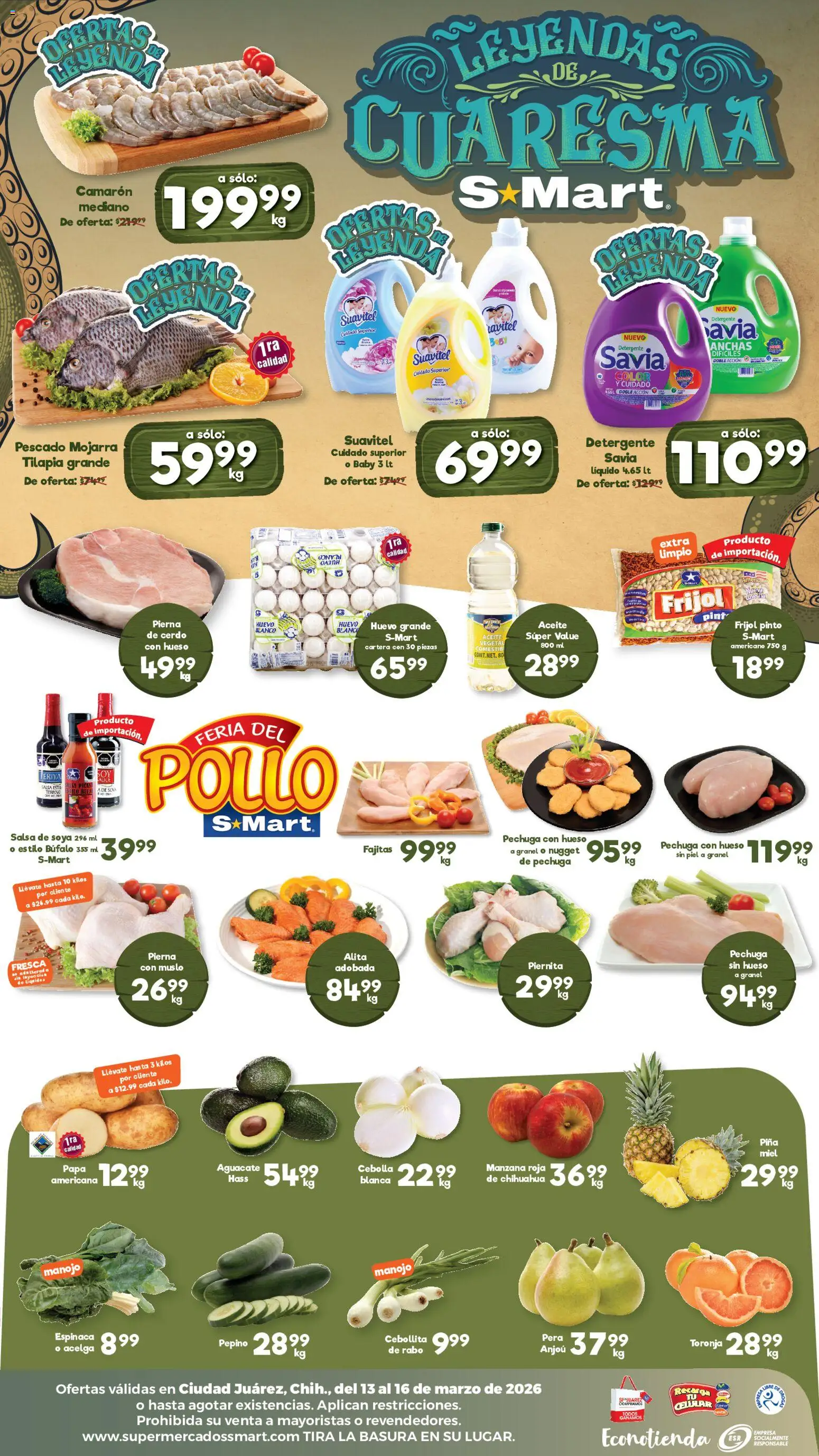 Nuevas ofertas de S-Mart válidas en toda la República Mexicana desde el 13.03.2026. ¡Encuentra las mejores ofertas en S-Mart folleto Juárez! | Página: 2 | Productos: Cebolla, Detergente, Acelga, Manzana