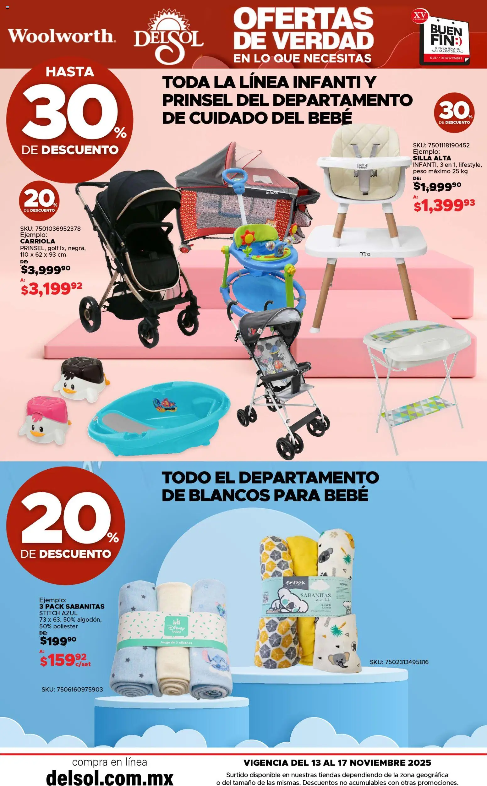 Nuevas ofertas de Del Sol y Woolworth válidas en toda la República Mexicana desde el 13.11.2025. ¡Encuentra las mejores ofertas en Del Sol y Woolworth Buen fin! | Página: 55 | Productos: Carriola, Silla, Juego, Sabanas