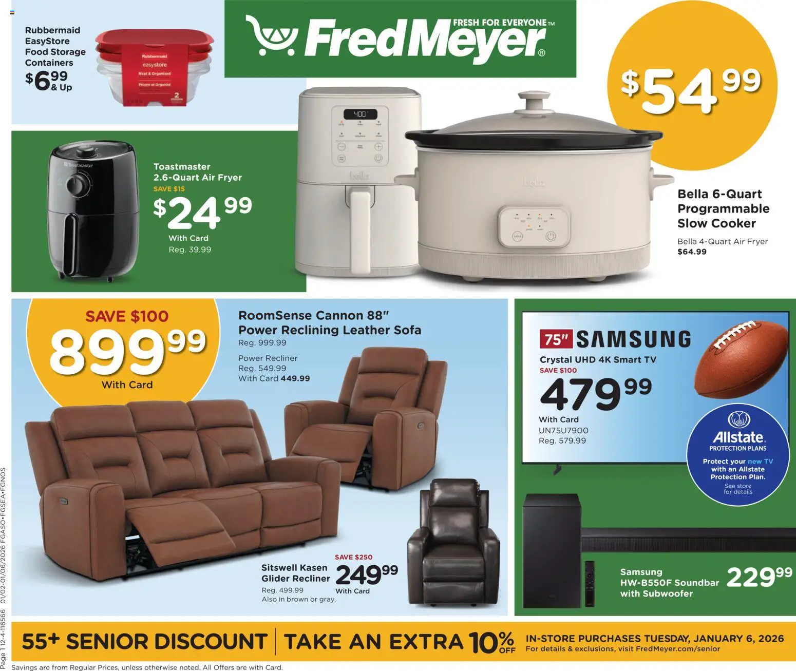 Fred Meyer Home & Apparel - valid from 02.01.2026 | Page: 1 | Products: Fryer, Recliner, Subwoofer, Tv