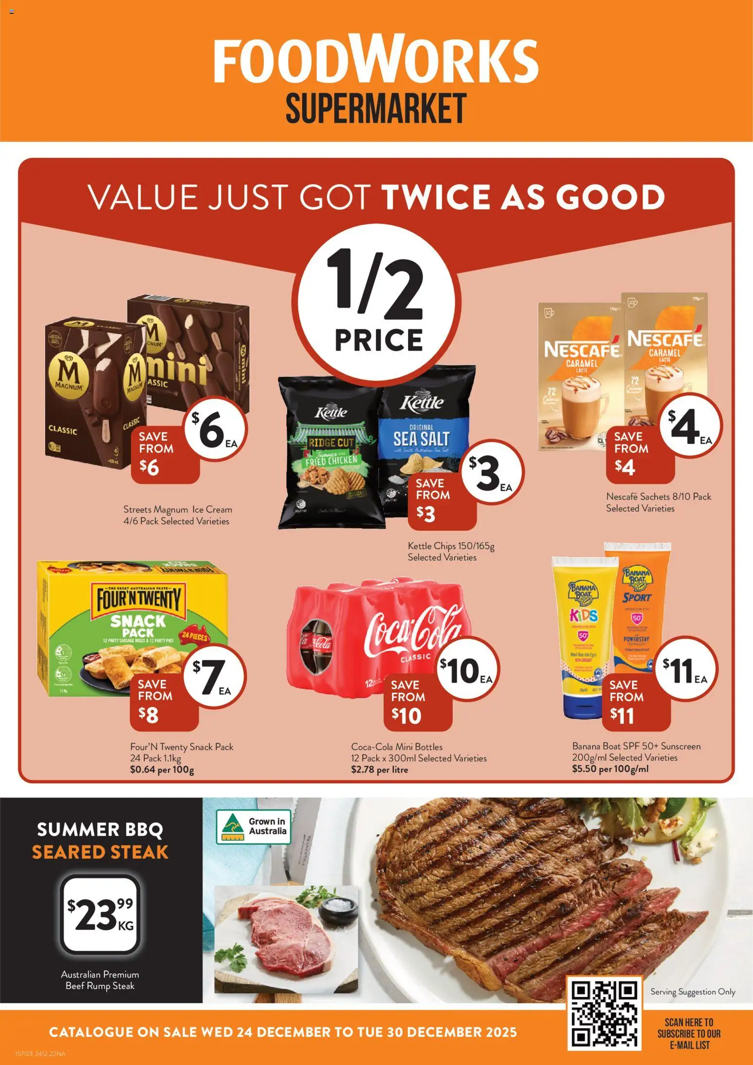 Foodworks catalogue - valid from 24.12.2025 | Page: 1 | Products: Sunscreen, Salt, Sausage, Nescafe